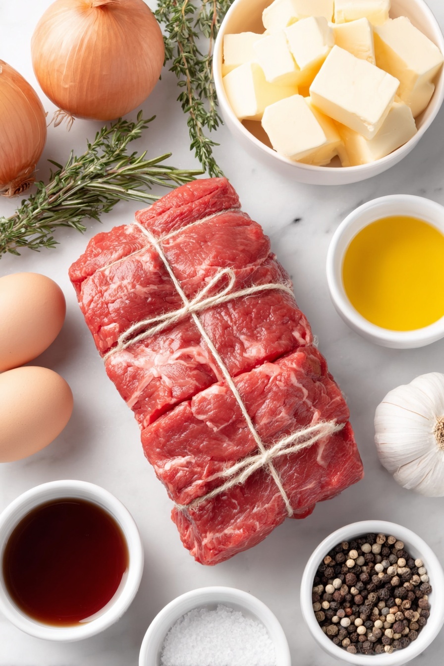 Flat lay of a whole raw beef tenderloin with ends folded over and tied with twine, two whole shallots with papery skins intact, three fresh thyme sprigs, four uncracked brown eggs, four fresh rosemary sprigs loosely placed, four whole garlic cloves with skins on, a small white ceramic bowl of unsalted butter cubes, a small white ceramic bowl filled with deep red wine, a small white ceramic bowl of rich beef broth, a small white ceramic bowl of golden olive oil, a small white ceramic bowl with coarse sea salt crystals, a small white ceramic bowl of mixed black peppercorns, arranged in perfect symmetry on a clean white marble surface, soft natural light, photo taken with an iPhone, professional food photography style, fresh ingredients, white ceramic bowls, no bottles, no duplicates, no utensils, no packaging --ar 2:3 --v 7 --p m7354615311229779997 - Beef Tenderloin with Red Wine Sauce, elegant beef tenderloin recipe, easy red wine sauce for steak, fancy beef main dish, gourmet beef dinner