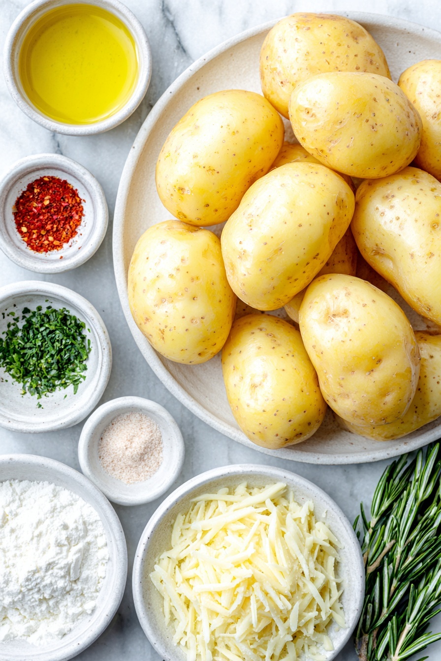 Flat lay of a cluster of fresh new potatoes with smooth skin, a small white ceramic bowl filled with golden olive oil, a neat heap of white cornstarch powder on the surface, a small white bowl containing freshly ground black pepper, another small white bowl with coarse kosher salt crystals, a pinch of vibrant red paprika powder arranged in a small white bowl, a small white bowl holding light beige garlic powder, a small white bowl with pale onion powder, a few sprigs of bright green minced fresh rosemary arranged neatly, a small white bowl piled with finely grated pale yellow Parmesan cheese, and a small scattering of freshly chopped vibrant green parsley leaves on a simple white ceramic plate — all ingredients fresh and natural, perfectly spaced with balanced symmetry — placed on a clean white marble surface, soft natural light, photo taken with an iPhone, professional food photography style, fresh ingredients, white ceramic bowls, no bottles, no duplicates, no utensils, no packaging --ar 2:3 --v 7 --p m7354615311229779997 - Garlic Rosemary Roasted Potatoes, crispy roasted potatoes, flavorful potato side dish, easy roasted potato recipe,  garlic rosemary potato wedges