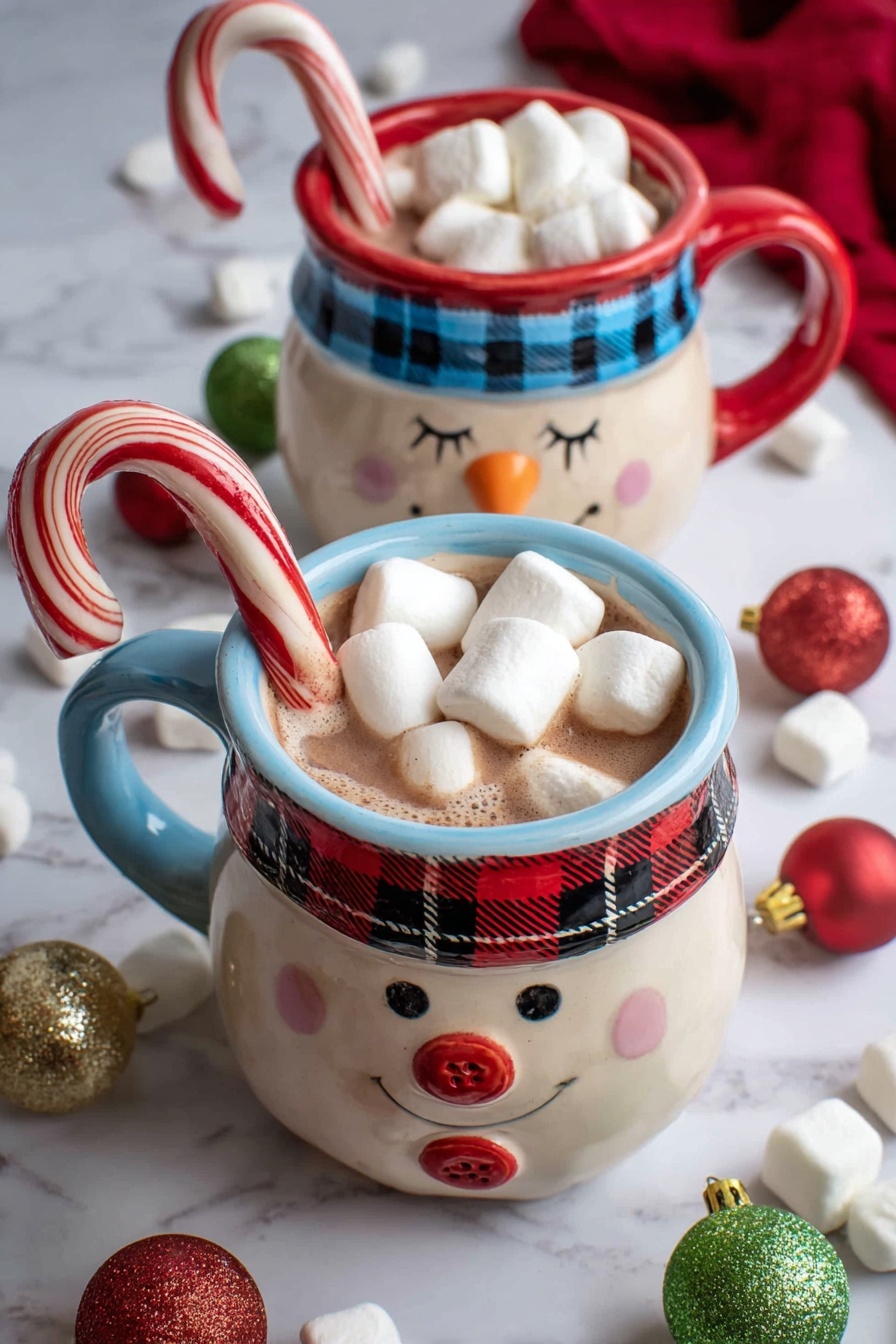 Two festive snowman mugs filled with light brown hot chocolate sitting on a white marbled surface. Each mug has a distinct design: the one in the front has a blue rim and handle, closed eyes with long lashes, an orange carrot nose, and a red and black plaid scarf painted on the body. It is topped with several white marshmallows and one large marshmallow leaning on the rim with a red and white striped candy cane hooked inside the mug. The mug in the back has a red rim and handle, open eyes, an orange carrot nose, a blue and black checkered scarf, and red buttons painted on the body. It is filled with marshmallows and also has a red and white candy cane inside. Around the mugs, there are scattered white marshmallows, some shiny red, green, and gold Christmas ornaments, and a red cloth in the background. Photo taken with an iphone --ar 2:3 --v 7 - Creamy Hot Chocolate with Marshmallows,Hot Chocolate with Marshmallows,Rich Hot Chocolate Recipe,Comforting Hot Chocolate Drink,Velvety Hot Chocolate