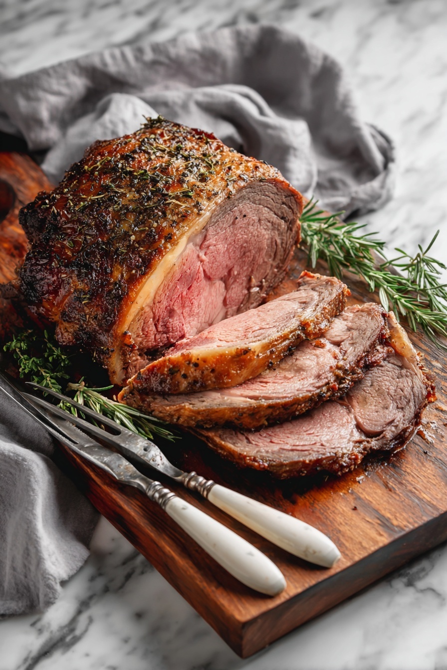 A large roasted meat piece placed on a wooden board with visible seasoning and herbs on its brown, crispy outer layer. The meat is sliced into three thick pieces showing a pink inside, indicating it is cooked medium. There is a sprig of fresh green rosemary on the right side. Two vintage carving utensils with white handles lie next to the meat on the board. The background is a white marbled surface with a gray cloth draped loosely behind the wooden board. Photo taken with an iphone --ar 2:3 --v 7 - Garlic Herb Butter Prime Rib, prime rib roast recipe, garlic herb beef, juicy prime rib, flavorful roast dinner
