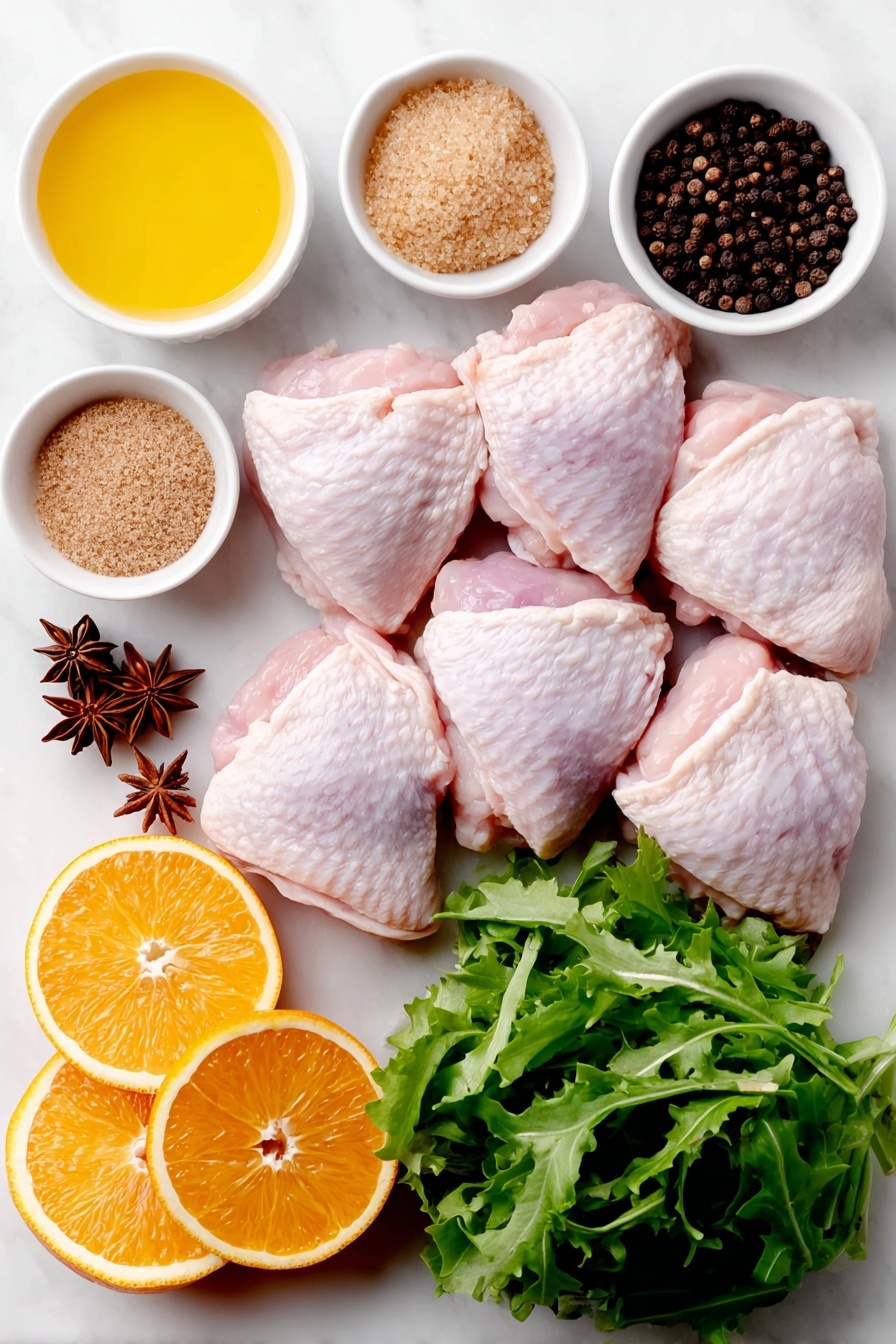 Flat lay of raw bone-in chicken thighs and drumsticks with skin on, a small white bowl of bright orange juice, fresh whole oranges halved and sliced, a small white bowl of golden brown sugar, a small white bowl of smooth Dijon mustard, a small white bowl of glossy olive oil, two whole star anise pods, a small white bowl of ground cinnamon, a small white bowl of ground allspice, a small white bowl of ground ginger, a small white bowl of salt, a small white bowl of black pepper, fresh bright orange zest curls, and a small pile of fresh green leafy salad greens like endive and watercress, all arranged symmetrically on a clean white marble surface, soft natural light, photo taken with an iPhone, professional food photography style, fresh ingredients, white ceramic bowls, no bottles, no duplicates, no utensils, no packaging --ar 2:3 --v 7 --p m7354615311229779997 - Sticky Orange Glazed Christmas Chicken, orange glazed holiday chicken, festive chicken recipes, easy Christmas main dish, flavorful holiday chicken