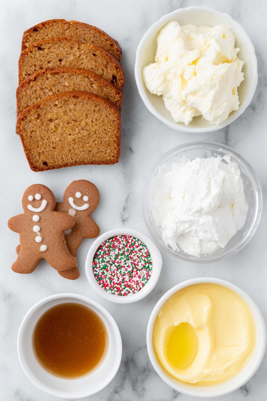 Flat lay of sliced ginger cake in thin even slices, whole gingerbread men cookies with detailed icing decoration, a small white ceramic bowl of smooth vanilla custard, a small white ceramic bowl filled with fluffy double cream dusted lightly with powdered icing sugar and ground ginger, a small white ceramic bowl of glossy golden caramel sauce, and a small white ceramic bowl with colorful festive sprinkles, all arranged symmetrically on a clean white marble surface, soft natural light, photo taken with an iPhone, professional food photography style, fresh ingredients, white ceramic bowls, no bottles, no duplicates, no utensils, no packaging --ar 2:3 --v 7 --p m7354615311229779997 - Gingerbread Trifle, Gingerbread Trifle Recipe, Holiday Trifle Dessert, Festive Gingerbread Layered Dessert, Easy Christmas Trifle