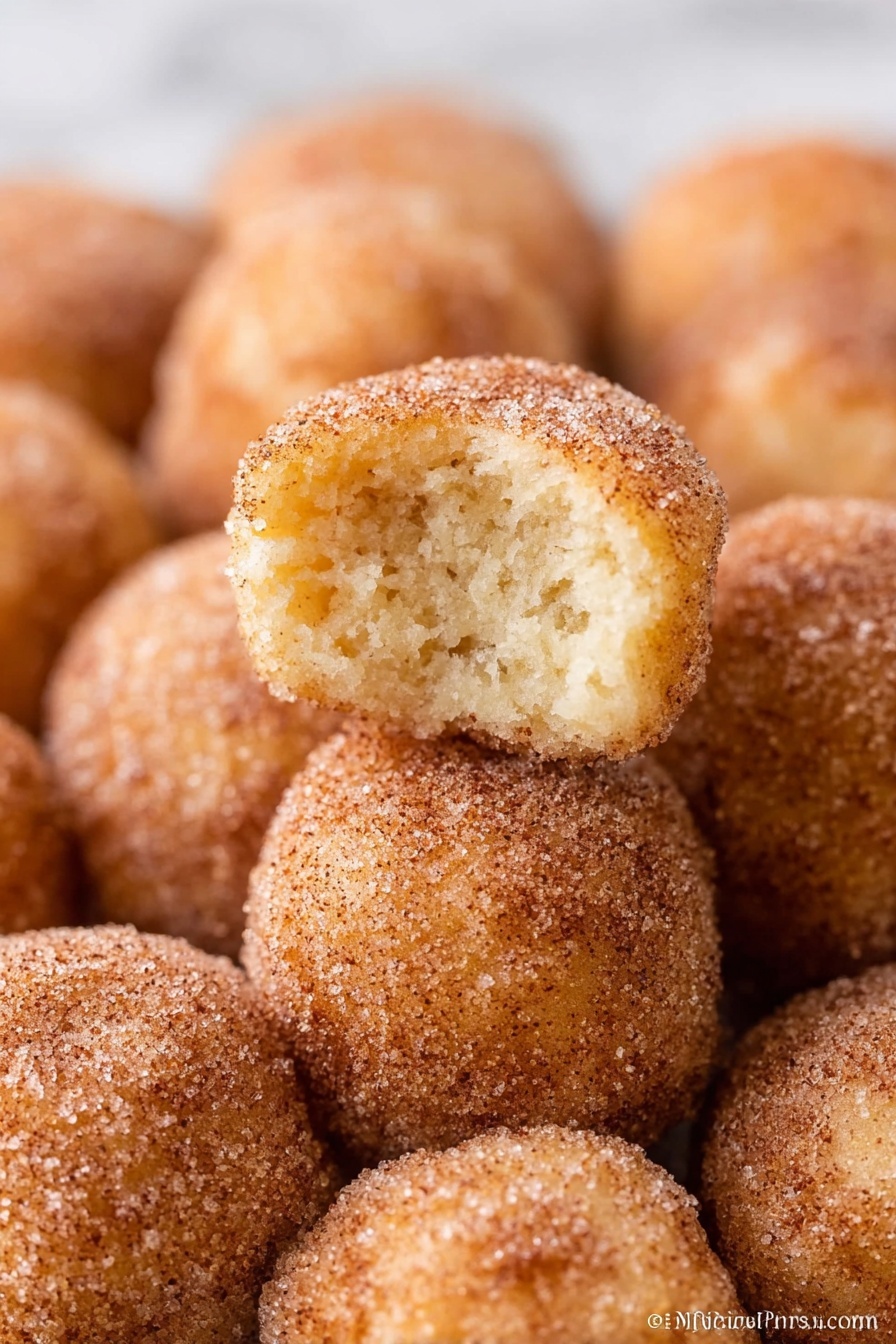 The image shows multiple small round doughnut holes covered with a light brown cinnamon sugar coating. One doughnut hole is on top, broken open to reveal a soft, fluffy, and moist inside with a light golden color. The outside texture looks slightly crunchy with a visible sugar and cinnamon layer. The background is a close-up of more cinnamon sugar doughnut holes arranged closely together on a white marbled surface. Photo taken with an iphone --ar 2:3 --v 7 - Cinnamon Sugar Mini Donut Muffins, easy donut muffin recipe, quick breakfast muffins, cinnamon sugar baked treats, bite-sized cinnamon muffins