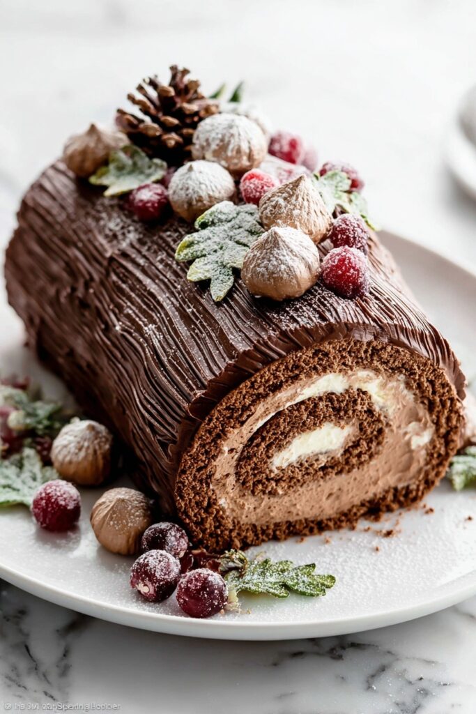 Chocolate Yule Log Cake with Meringue Mushrooms Recipe