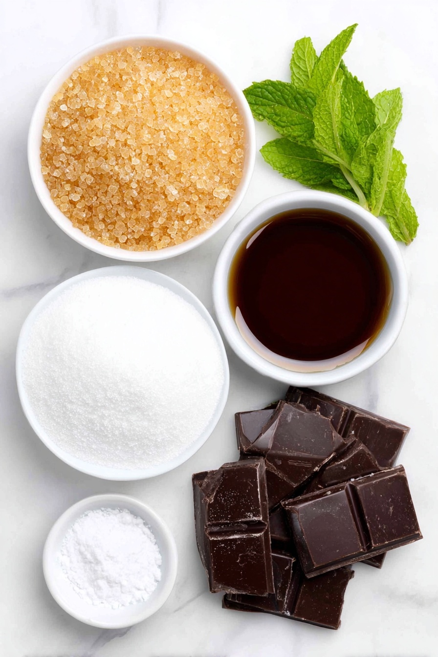 Flat lay of a small pile of golden gelatin granules, a neat mound of fine white granulated sugar, a small white ceramic bowl filled with glossy clear corn syrup, a tiny pinch of coarse salt crystals, a small white dish holding fresh green mint leaves, a heap of soft white powdered sugar, a handful of bright orange candy melts scattered neatly, and several pieces of rich dark chocolate chunks, all arranged in perfect symmetry on a clean white marble surface, soft natural light, photo taken with an iPhone, professional food photography style, fresh ingredients, white ceramic bowls, no bottles, no duplicates, no utensils, no packaging --ar 2:3 --v 7 --p m7354615311229779997 - Mint Marshmallow Snowmen, festive holiday treats, marshmallow snowmen decor, easy holiday snack, minty marshmallow dessert