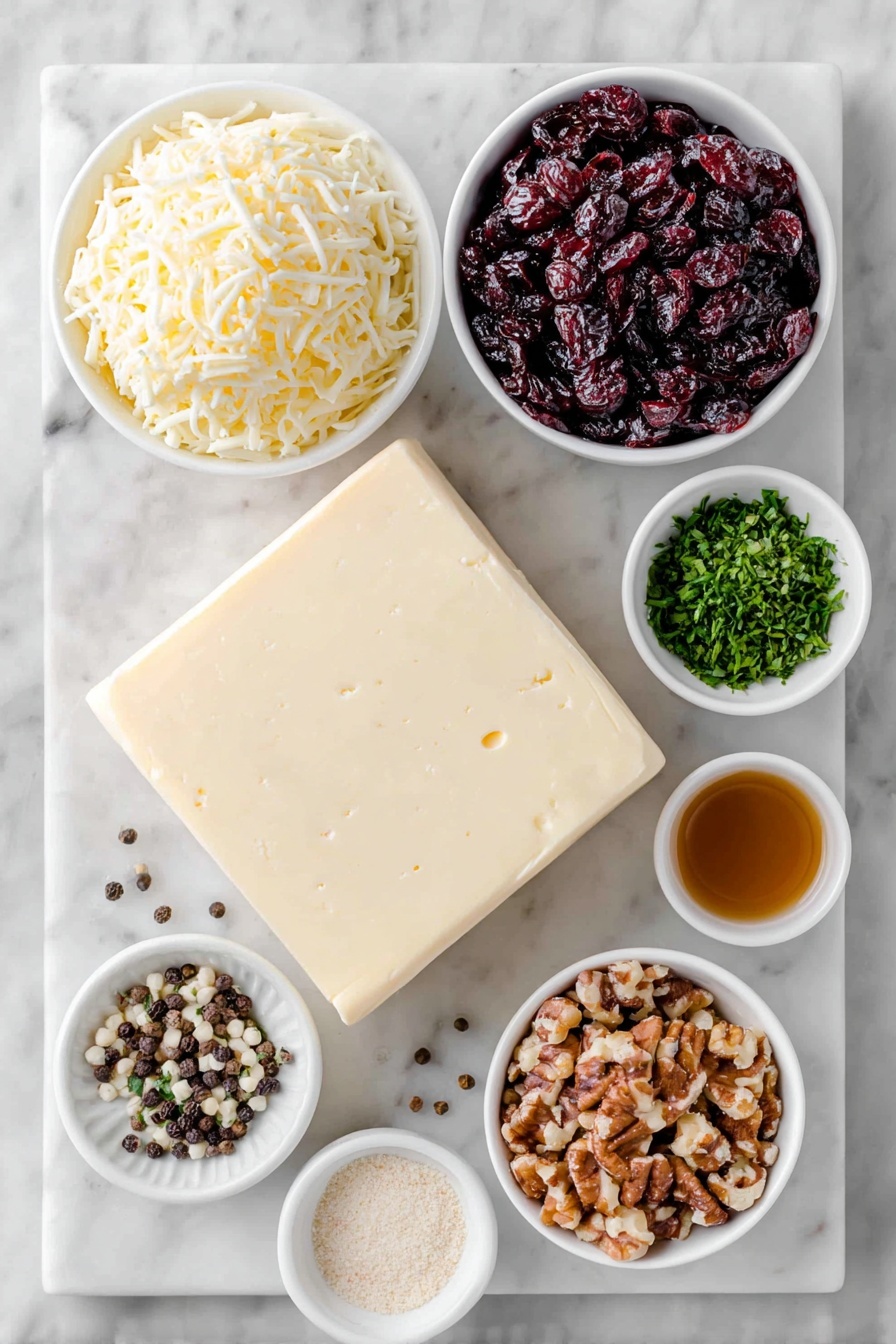 Flat lay of two blocks of cream cheese with smooth, creamy surfaces, a small pat of salted butter softened and slightly glossy, a small white bowl filled with shredded white cheddar and Monterey Jack cheese, a small white bowl holding dark reddish finely chopped dried cranberries, a small white bowl with coarsely chopped mixed nuts showing varied textures and browns, a small white bowl containing finely diced fresh green herbs, a small white bowl with amber Worcestershire sauce, a small white bowl of pale garlic powder, a small white bowl of pale beige onion powder, and a few scattered black peppercorns, all arranged with perfect symmetry on a clean white marble surface, soft natural light, photo taken with an iPhone, professional food photography style, fresh ingredients, white ceramic bowls, no bottles, no duplicates, no utensils, no packaging --ar 2:3 --v 7 --p m7354615311229779997 - Cheese Ball Wreath appetizer, festive cheese ball wreath, holiday cheese appetizers, easy cheese ball recipe, cheese wreath for parties