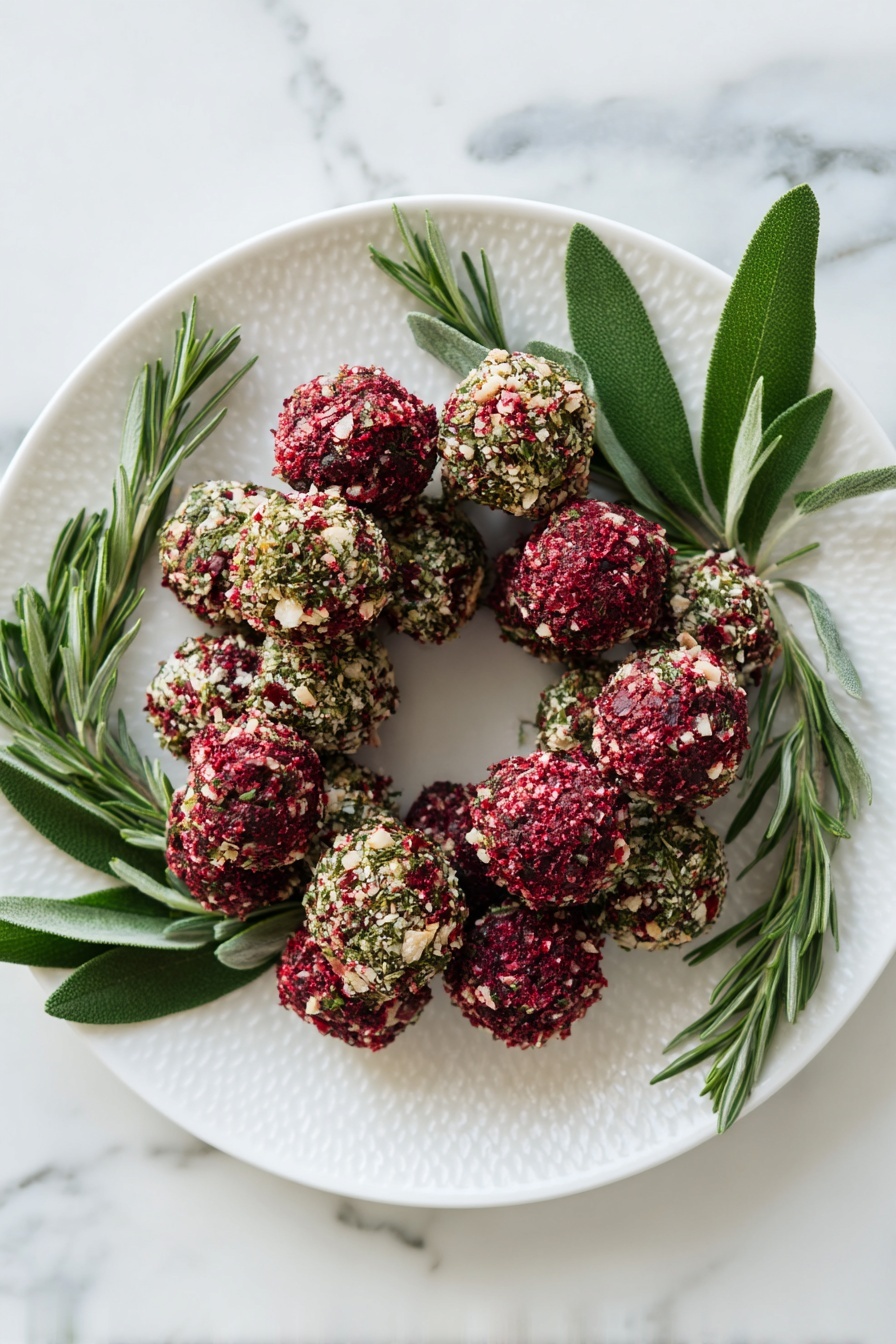 A white plate with a ring of small balls arranged like a wreath, each ball coated with one of three different layers: a deep red, rough textured layer likely made from dried cranberries, a light brown crunchy nut coating, and a bright green finely chopped herb layer, probably parsley. The balls rest on and around fresh green leaves and rosemary sprigs, adding to the wreath shape. The white plate has a subtle textured pattern, and the background is a white marbled surface. Photo taken with an iphone --ar 2:3 --v 7 - Cheese Ball Wreath appetizer, festive cheese ball wreath, holiday cheese appetizers, easy cheese ball recipe, cheese wreath for parties