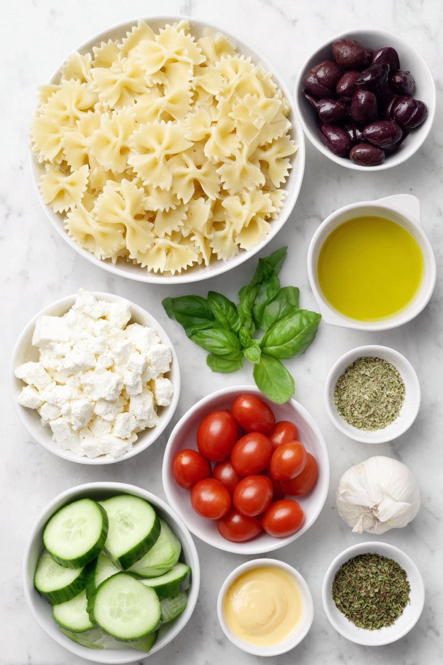 Flat lay of farfalle pasta uncooked arranged neatly, two fresh cucumbers halved lengthwise and thinly sliced, a heap of halved bright red cherry tomatoes, a small pile of roughly chopped dark purple Kalamata olives, several white ceramic bowls containing crumbled white feta cheese cut into batons, torn vibrant green basil leaves, a small white bowl filled with golden extra virgin olive oil, a small white bowl of amber apple cider vinegar, two whole uncracked garlic cloves with clean white skins, a small white bowl holding smooth yellow Dijon mustard, a small white bowl with golden honey, a small white bowl with a mixed Italian herb blend, a small white bowl of coarse kosher salt, and a small white bowl of ground black pepper—all ingredients fresh and natural, perfectly symmetrical and balanced layout, placed on a clean white marble surface, soft natural light, photo taken with an iPhone, professional food photography style, fresh ingredients, white ceramic bowls, no bottles, no duplicates, no utensils, no packaging --ar 2:3 --v 7 --p m7354615311229779997 - Easy Pasta Salad with Feta and Basil, Pasta Salad with Feta and Basil, Fresh Feta Pasta Salad, Basil Pasta Salad, Simple Pasta Salad Recipes