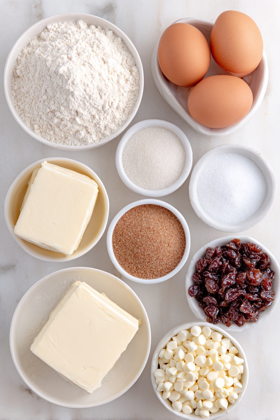 Flat lay of a small mound of plain white flour, a heap of fine white baking soda powder, a tiny pile of pale baking powder, a small pinch of coarse salt crystals, a square of soft creamy butter, a small white bowl filled with granulated white sugar, a small white bowl filled with packed light brown sugar, two large whole eggs with clean shells, a small white bowl holding clear vanilla extract, a small white bowl brimming with glossy white chocolate chips, and a small white bowl filled with plump dried cranberries, all arranged in perfect symmetry on a clean white marble surface, soft natural light, photo taken with an iPhone, professional food photography style, fresh ingredients, white ceramic bowls, no bottles, no duplicates, no utensils, no packaging --ar 2:3 --v 7 --p m7354615311229779997 - White Chocolate Cranberry Cookies, Cranberry White Chocolate Cookies, Easy Holiday Cookies, Chewy Cranberry Cookies, White Chocolate Dessert Recipes
