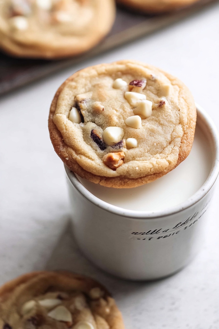 A round cookie with a light golden brown edge and soft beige center sits on the rim of a white cup filled with milk. The cookie shows white chips and dark bits embedded throughout its smooth, slightly wrinkled surface. The cup is plain white with a small area of text on the side. In the blurred background, there are other similar cookies resting on a white marbled surface, creating a cozy and inviting scene. photo taken with an iphone --ar 2:3 --v 7 - White Chocolate Cranberry Cookies, Cranberry White Chocolate Cookies, Easy Holiday Cookies, Chewy Cranberry Cookies, White Chocolate Dessert Recipes