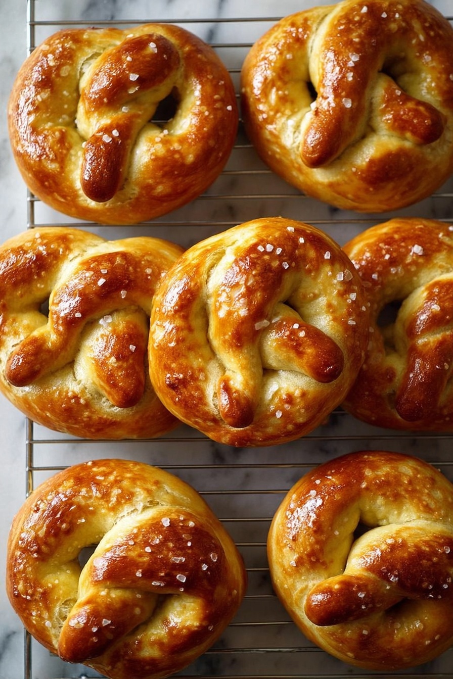 The image shows a close-up of eight shiny golden brown soft pretzels arranged in two rows on a cooling rack. Each pretzel has a smooth, glossy surface with a slightly crispy texture and light sprinkles of coarse salt. The dough is twisted into the classic pretzel shape with plump, rounded loops and a thick central knot, displaying a rich golden color from baking. The background is a white marbled texture. photo taken with an iphone --ar 2:3 --v 7 - Homemade Soft Pretzels, soft pretzels recipe, easy pretzels, chewy pretzels, homemade snack ideas