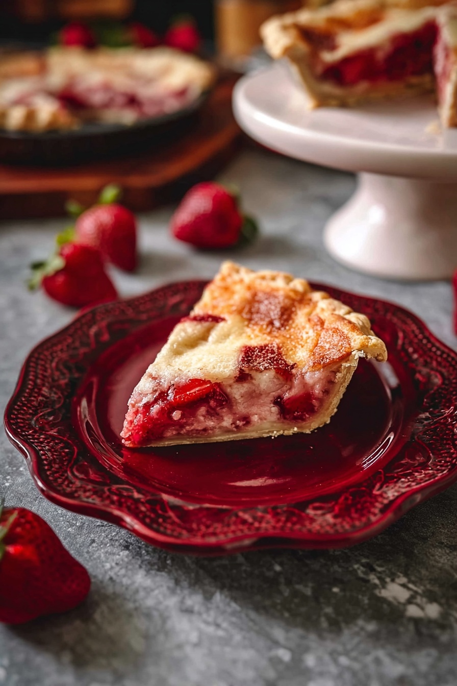 A single slice of strawberry pie is shown on a detailed, dark red plate with ornate patterns around the edges. The pie has three visible layers: a light golden brown crust on top with uneven browning, a middle layer of pinkish, soft cooked strawberries mixed with jam-like bright red filling, and a bottom crust that is light tan and slightly thicker. The pie slice has a rustic, homemade look with the fruit filling slightly oozing near the crust edges. In the background, there are whole strawberries scattered on a white marbled surface, a tart pan with another part of the pie on the left, and a white cake stand with another slice of pie on the right. The scene is softly lit and cozy. photo taken with an iphone --ar 2:3 --v 7 - Strawberry Kuchen with Creamy Custard, German strawberry dessert, fruit custard tart, berry cake recipe, baked strawberry dessert