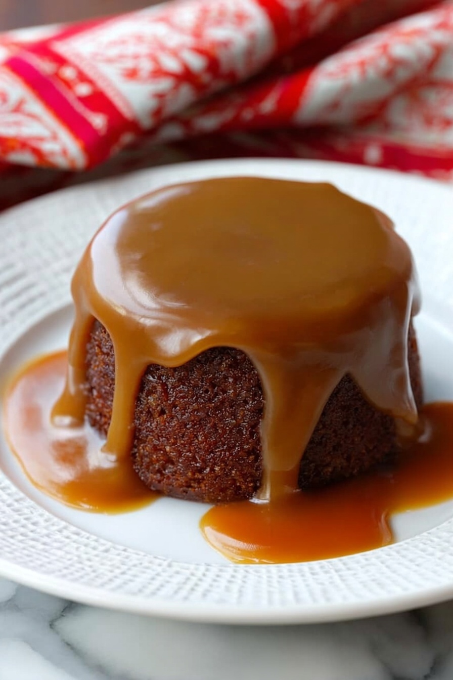 A small round dark brown cake sits in the center of a white plate with a textured rim. It is fully covered with a thick, smooth caramel sauce that drips down the cake sides and pools around the base in shiny golden amber puddles. The surface of the sauce on top is glossy and slightly uneven. The plate rests on a white marbled surface with a red and white patterned cloth partially visible in the background. The photo taken with an iphone --ar 2:3 --v 7 - Sticky Toffee Pudding with Toffee Sauce, comforting dessert recipes, easy toffee pudding, moist date pudding, homemade toffee sauce