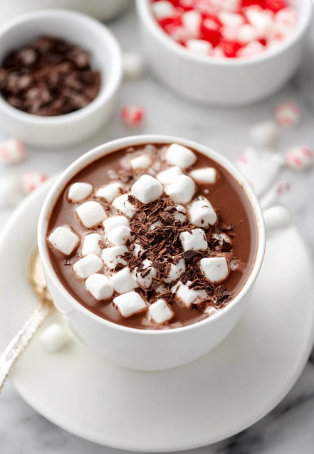 A white cup filled with rich, dark hot chocolate sits on a white saucer on a white marbled surface. The hot chocolate is topped with two layers: a thick layer of small white marshmallows covering the entire surface, and a generous sprinkle of dark chocolate shavings mostly on one side of the marshmallows. In the background, there are two blurred white bowls, one containing red and white candy pieces, and the other with more dark chocolate shavings. A spoon with a gold handle rests on the saucer. photo taken with an iphone --ar 2:3 --v 7 - Homemade Hot Chocolate, Easy Hot Chocolate Recipe, Rich Hot Chocolate Drink, Cozy Hot Chocolate, Quick Hot Chocolate