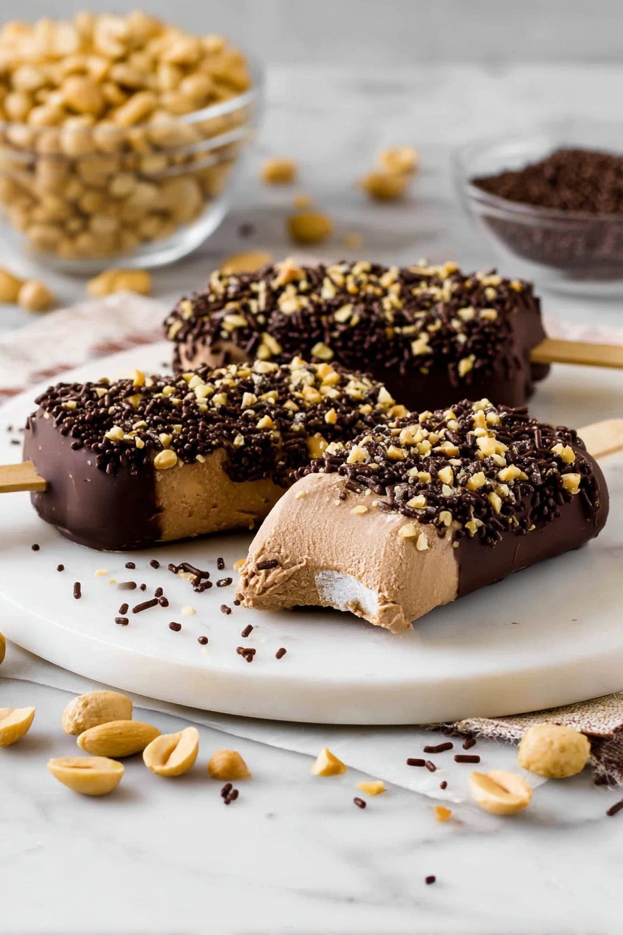 The image shows three ice cream bars on a white round plate with a white marbled surface underneath. Each bar has three layers: a light brown ice cream core, a thick dark chocolate coating covering most of the middle layer, and a topping of small dark chocolate sprinkles mixed with crushed light brown nuts scattered unevenly on top of the chocolate coating. The ice cream bar in the front has a bite taken out of it, showing the smooth texture inside. Around the plate, there are scattered pieces of nuts and chocolate sprinkles. In the background on the left side, there is a clear bowl full of light brown nuts. Photo taken with an iphone --ar 2:3 --v 7 - Chocolate Peanut Butter Cottage Cheese Ice Cream Bars, healthy ice cream bars, protein-packed dessert, easy homemade ice cream, no-churn frozen treat