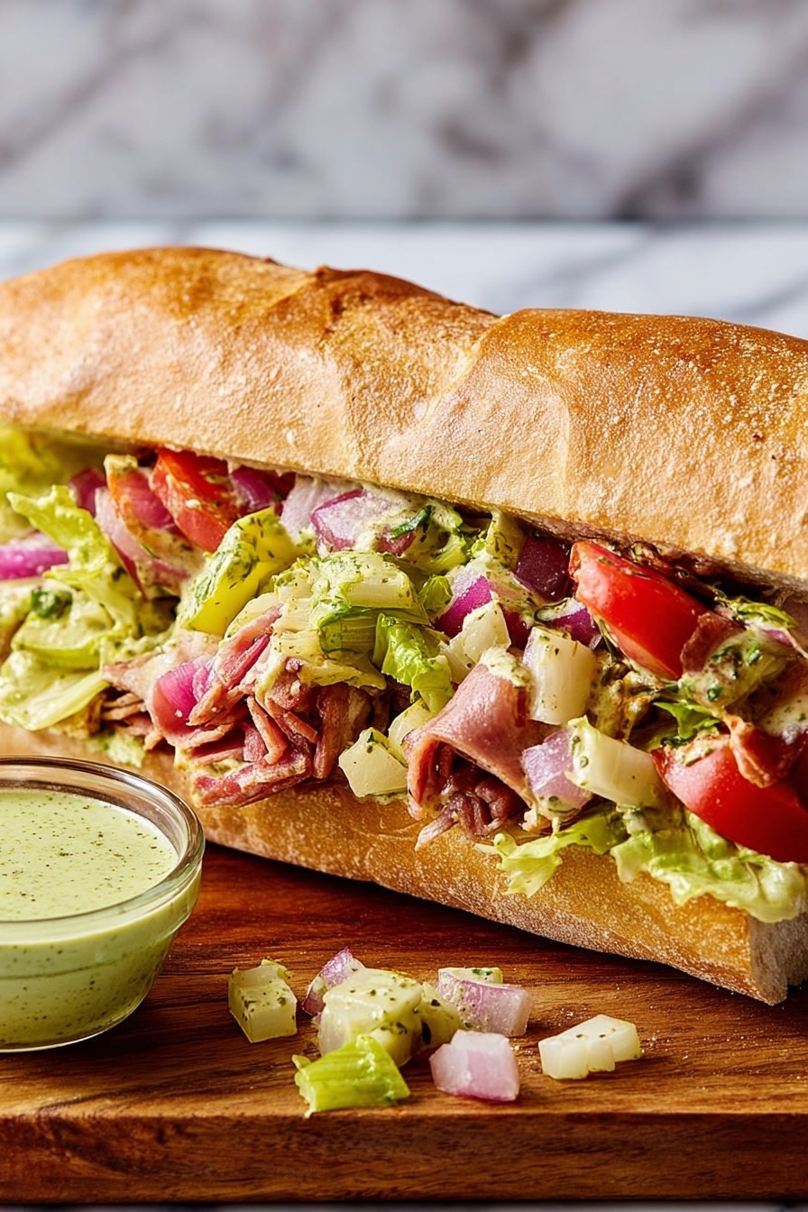 A long sandwich sits on a wooden board with a side of creamy green sauce in a small clear glass. The sandwich is made with a light brown, crusty roll that is split open to show many layers inside: green lettuce pieces, small chunks of red onion, slices of pink meat, pieces of red tomato, pale yellow cheese chunks, and bits of celery mixed with a light creamy dressing. Some salad bits have fallen outside the sandwich. The background shows a white marbled texture surface. photo taken with an iphone --ar 2:3 --v 7 - Italian Chopped Sandwich with Pesto, Italian sandwich recipe, pesto sandwich, deli meat sandwich, easy lunch sandwich