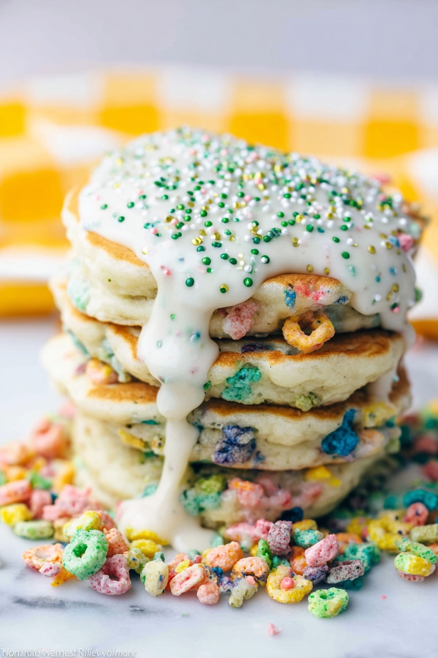 A stack of four thick, fluffy pancakes sits on a white marbled surface, each pancake speckled with colorful pieces of cereal inside, showing blue, pink, green, and yellow bits. On top and dripping down the sides is a thick, creamy white sauce sprinkled with small round green, dark green, and white sprinkles. Around the base of the stack, more colorful cereal pieces are scattered, adding extra brightness. In the blurry background, a yellow cloth with white squares is slightly visible. photo taken with an iphone --ar 2:3 --v 7 - Lucky Charms Pancakes with White Chocolate, colorful breakfast ideas, fun breakfast recipes, kids friendly pancake recipes, sweet breakfast treats
