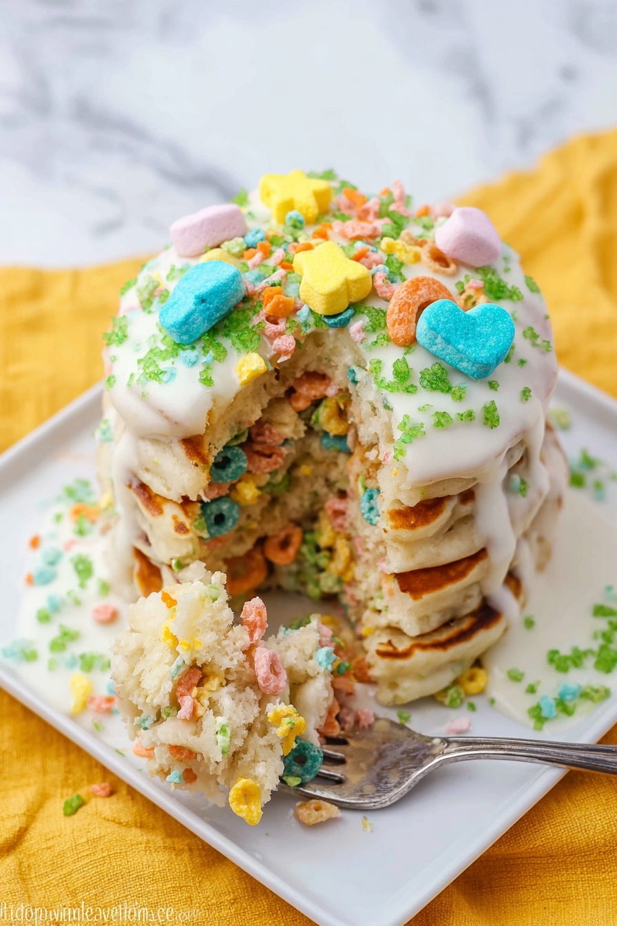 A stack of three thick, fluffy pancakes with colorful cereal pieces inside each layer sits on a white square plate placed on a white marbled surface with a yellow cloth underneath. The pancakes are covered with white creamy sauce dripping down the sides, topped with green sprinkles and small, bright marshmallow shapes including a blue heart, pink heart, yellow star, orange horseshoe, and a rainbow. A fork holds a bite-sized piece of pancake at the front, showing the soft texture and colorful cereal inside. Photo taken with an iphone --ar 2:3 --v 7 - Lucky Charms Pancakes with White Chocolate, colorful breakfast ideas, fun breakfast recipes, kids friendly pancake recipes, sweet breakfast treats