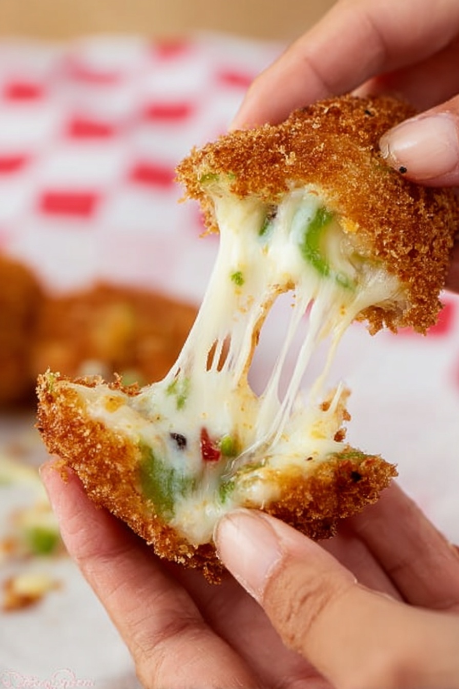 A close-up image shows two pieces of crispy golden-brown fried snack being pulled apart by two woman's hands. Each piece reveals a thick melting layer of white cheese, stretching in long, gooey strings between the two halves. Inside the cheese layer, bits of green pepper and small red and black specks are visible. The background is softly blurred with a hint of white and red checkered pattern, resting on a white marbled surface. photo taken with an iphone --ar 2:3 --v 7 - Copycat Texas Rattlesnake Bites, Texas Roadhouse Rattlesnake Bites, cheesy jalapeno appetizer, spicy cheese bites, homemade rattlesnake bites