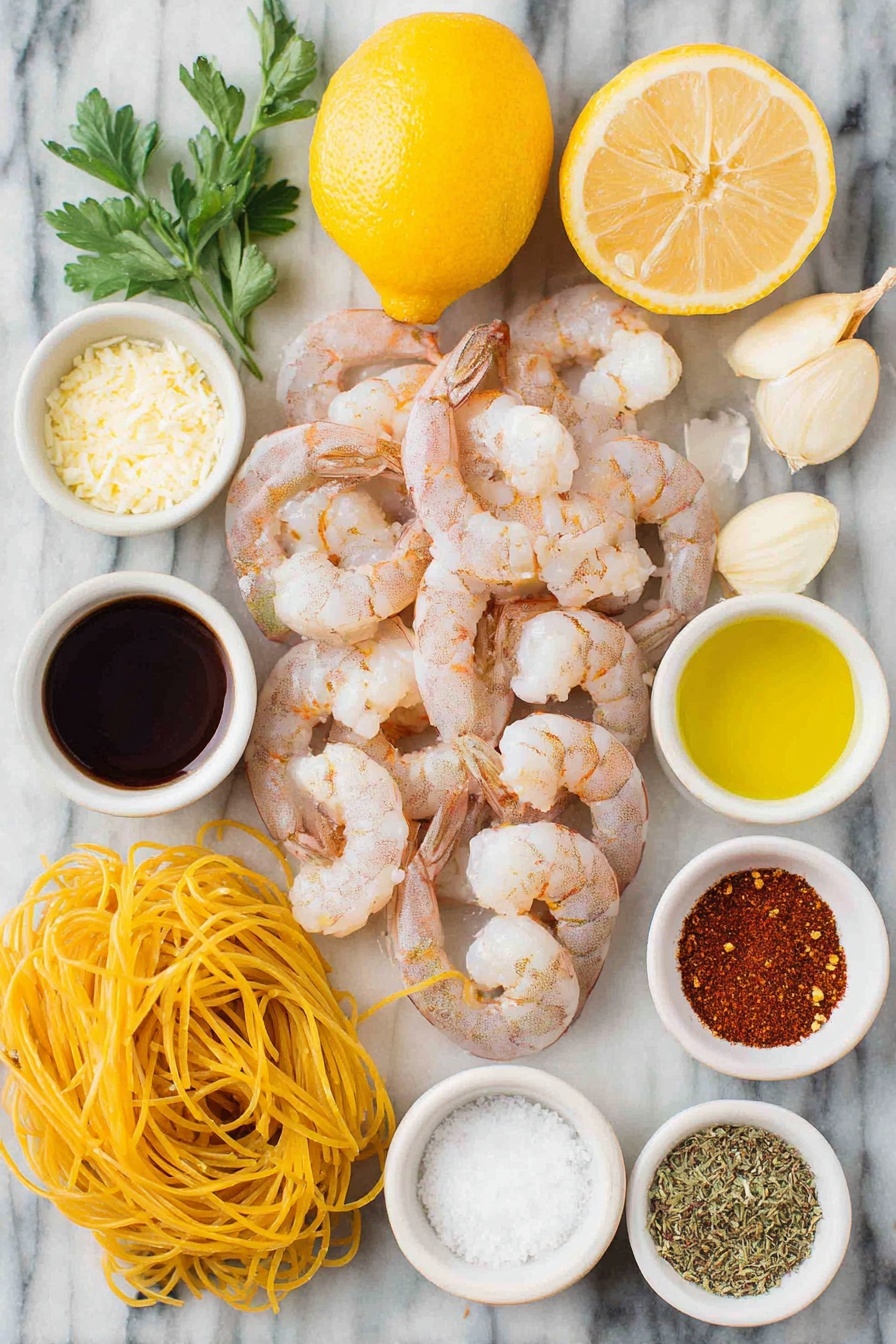 Flat lay of peeled and deveined raw shrimp with tails on, bright yellow whole lemon beside it with zest and juice visible, a small pile of uncooked spaghetti pasta strands, several whole uncracked brown garlic cloves, a large shallot halved and thinly sliced, a few fresh green parsley leaves, a small white bowl of extra virgin olive oil, a small white bowl of melted unsalted butter, a small white bowl of dry white wine, a small white bowl containing crushed red pepper flakes, a small white bowl of smoked paprika powder, a small white bowl of coarse salt, a small white bowl of freshly ground black pepper, and a small white bowl filled with grated parmesan cheese, all arranged symmetrically and balanced on a clean white marble surface, soft natural light, photo taken with an iPhone, professional food photography style, fresh ingredients, white ceramic bowls, no bottles, no duplicates, no utensils, no packaging --ar 2:3 --v 7 --p m7354615311229779997 - Oven Baked Shrimp Scampi, easy shrimp scampi, baked shrimp pasta, garlic butter shrimp, quick seafood dinner