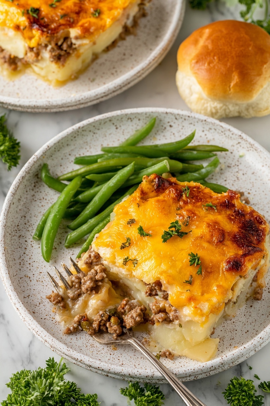 The image shows a white speckled plate with a layered casserole slice at the center. The casserole has three visible layers: the bottom layer is a creamy, light yellow potato base, the middle is a mix of light brown ground meat and sauce, and the top layer is a golden melted cheese with a slightly crispy texture and a few browned spots. To the side of the casserole, there is a serving of bright green chopped green beans with a fresh, firm texture. Also on the plate, there is a golden brown soft roll with a slightly shiny surface. The setting is on a white marbled surface with some green parsley leaves to the right side, adding a fresh touch. A silver fork with a piece of casserole on it is resting on the plate’s edge. Photo taken with an iphone --ar 2:3 --v 7 - Hearty Ground Beef and Potato Casserole, ground beef casserole, potato casserole recipe, comforting dinner ideas, easy ground beef dishes
