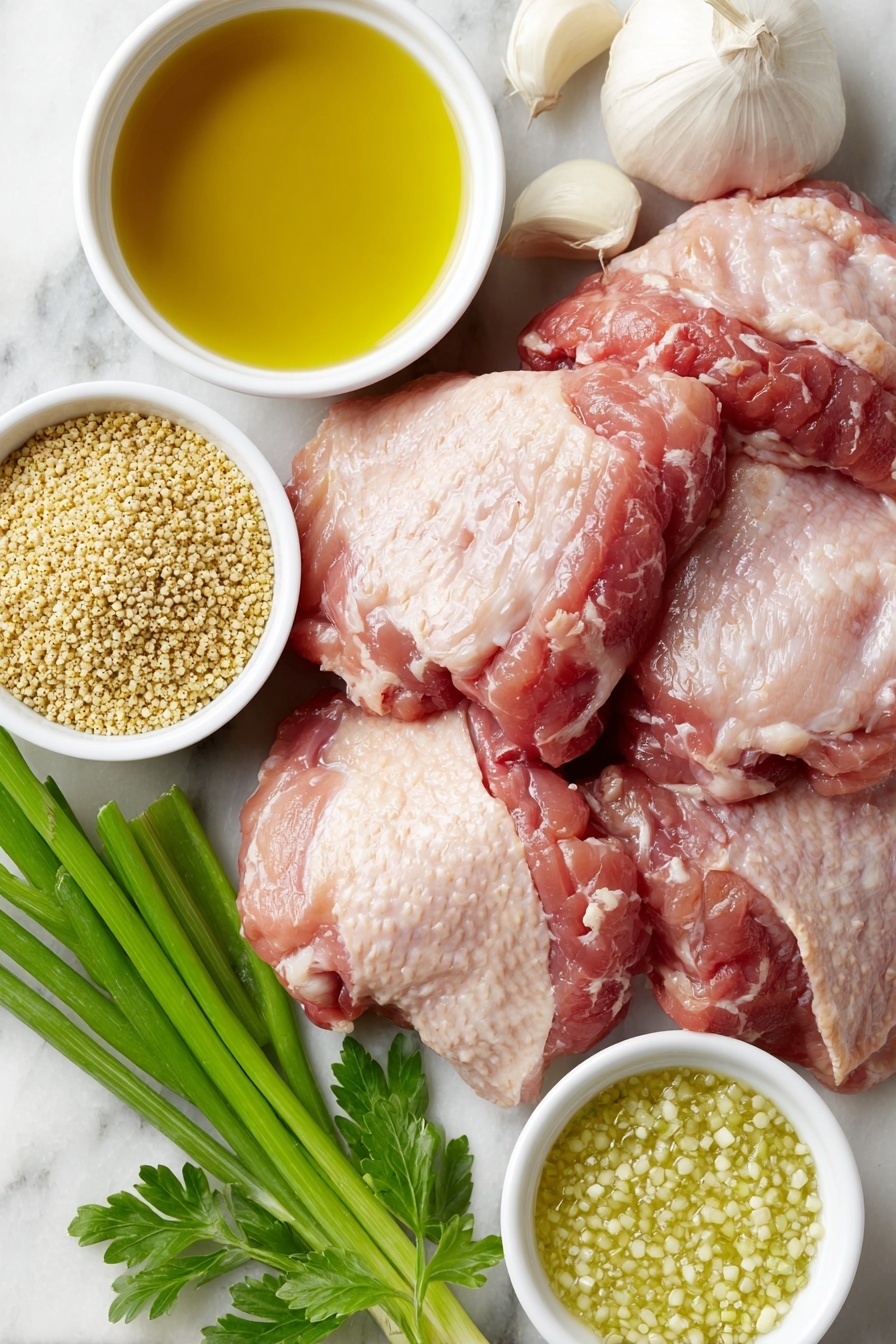 Flat lay of boneless skinless chicken thighs with natural marbling, three whole garlic cloves with papery skins, a small white ceramic bowl of golden honey, a small white bowl filled with coarse stone ground Dijon mustard speckled with mustard seeds, three teaspoons of minced garlic in a white dish, a small white bowl holding rich golden olive oil, a few fresh green onions with bright green stalks and white bulbs, fresh flat-leaf parsley sprigs with vibrant green leaves, all arranged symmetrically on a clean white marble surface, soft natural light, photo taken with an iPhone, professional food photography style, fresh ingredients, white ceramic bowls, no bottles, no duplicates, no utensils, no packaging --ar 2:3 --v 7 --p m7354615311229779997 - Honey Dijon Chicken Thighs, easy chicken dinner, quick chicken recipes, flavorful chicken thighs, weeknight chicken meal