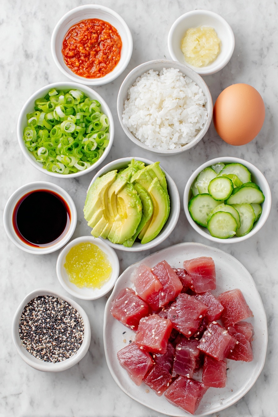 Flat lay of sushi grade tuna cut into 1/2-inch cubes, small white ceramic bowl of sliced scallions, small white ceramic bowl of reduced sodium soy sauce, small white ceramic bowl of sesame oil, whole uncracked brown eggs not included since not in ingredients, small white ceramic bowl of sriracha sauce, small white ceramic bowl of light mayonnaise, small white ceramic bowl of cooked short grain white rice, diced peeled Persian cucumbers in a small white ceramic bowl, sliced Hass avocado arranged on a simple white ceramic plate, small white ceramic bowl of black sesame seeds, arranged symmetrically and balanced, all fresh and natural, placed on a clean white marble surface, soft natural light, photo taken with an iPhone, professional food photography style, fresh ingredients, white ceramic bowls, no bottles, no duplicates, no utensils, no packaging --ar 2:3 --v 7 --p m7354615311229779997 - Spicy Tuna Poke Bowl, tuna poke bowl, healthy poke bowl recipe, quick sushi bowl, spicy tuna salad