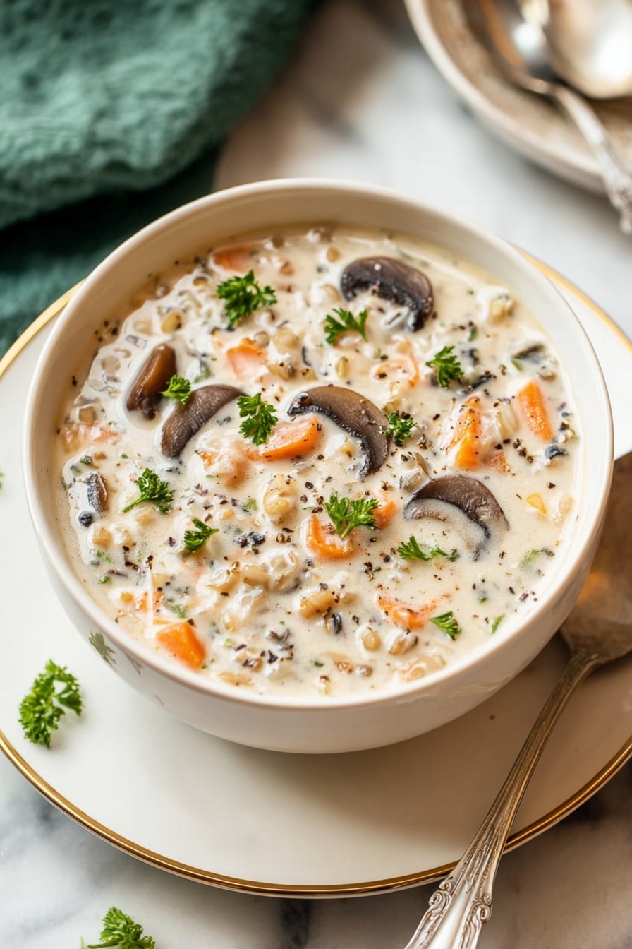 A white bowl filled with creamy soup that has visible slices of dark brown mushrooms, small orange carrot pieces, and light beige grains or barley mixed throughout. The soup is topped with small green parsley leaves and specks of black pepper. The bowl sits on a white plate with a thin gold rim, placed on a white marbled surface. A silver spoon rests next to the bowl, and in the background, there is a green cloth with another spoon partially visible. Photo taken with an iphone --ar 2:3 --v 7 - Creamy Mushroom Barley Soup, Mushroom barley soup, hearty mushroom soup, quick mushroom soup recipe, comforting mushroom soup
