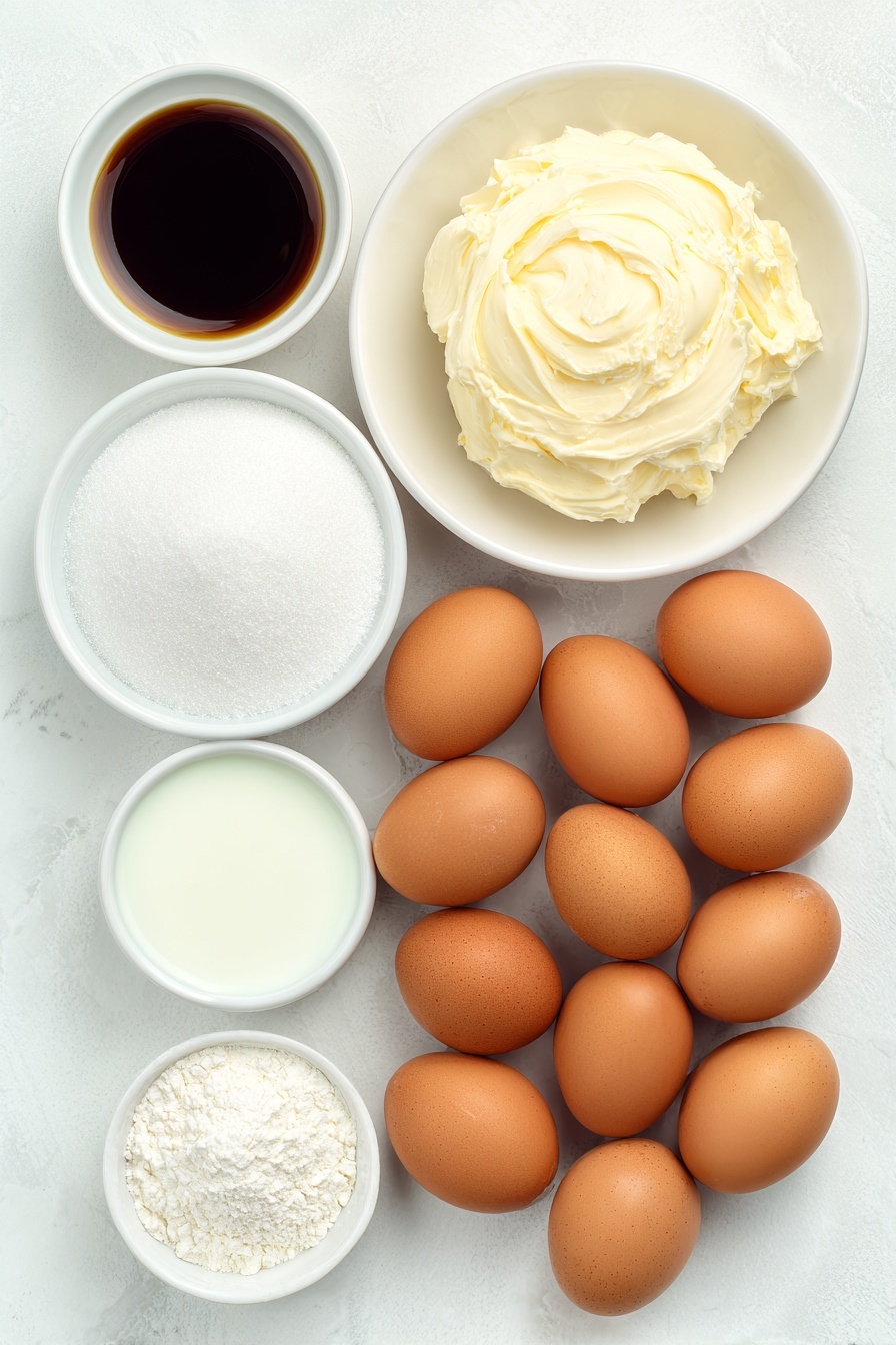 Flat lay of a small mound of unsalted butter softened to room temperature, a neat stack of white egg whites in their clean, uncracked shells, a small white ceramic bowl filled with granulated sugar, a small white ceramic bowl with all-purpose flour, a small white ceramic bowl containing vegetable shortening, a small white ceramic bowl with milk, a small white ceramic bowl holding vanilla extract, a small white ceramic bowl with baking powder, a tiny white ceramic bowl with salt, and a small white ceramic bowl containing vivid green food coloring liquid, all arranged in perfect symmetry using simple white ceramic bowls, placed on a clean white marble surface, soft natural light, photo taken with an iPhone, professional food photography style, fresh ingredients, white ceramic bowls, no bottles, no duplicates, no utensils, no packaging --ar 2:3 --v 7 --p m7354615311229779997 - St. Patrick’s Day Ombre Cake, St. Patrick’s Day green layered cake, Ombre cake recipe for St. Patrick’s Day, festive green cake tutorial, St. Patrick’s Day dessert idea