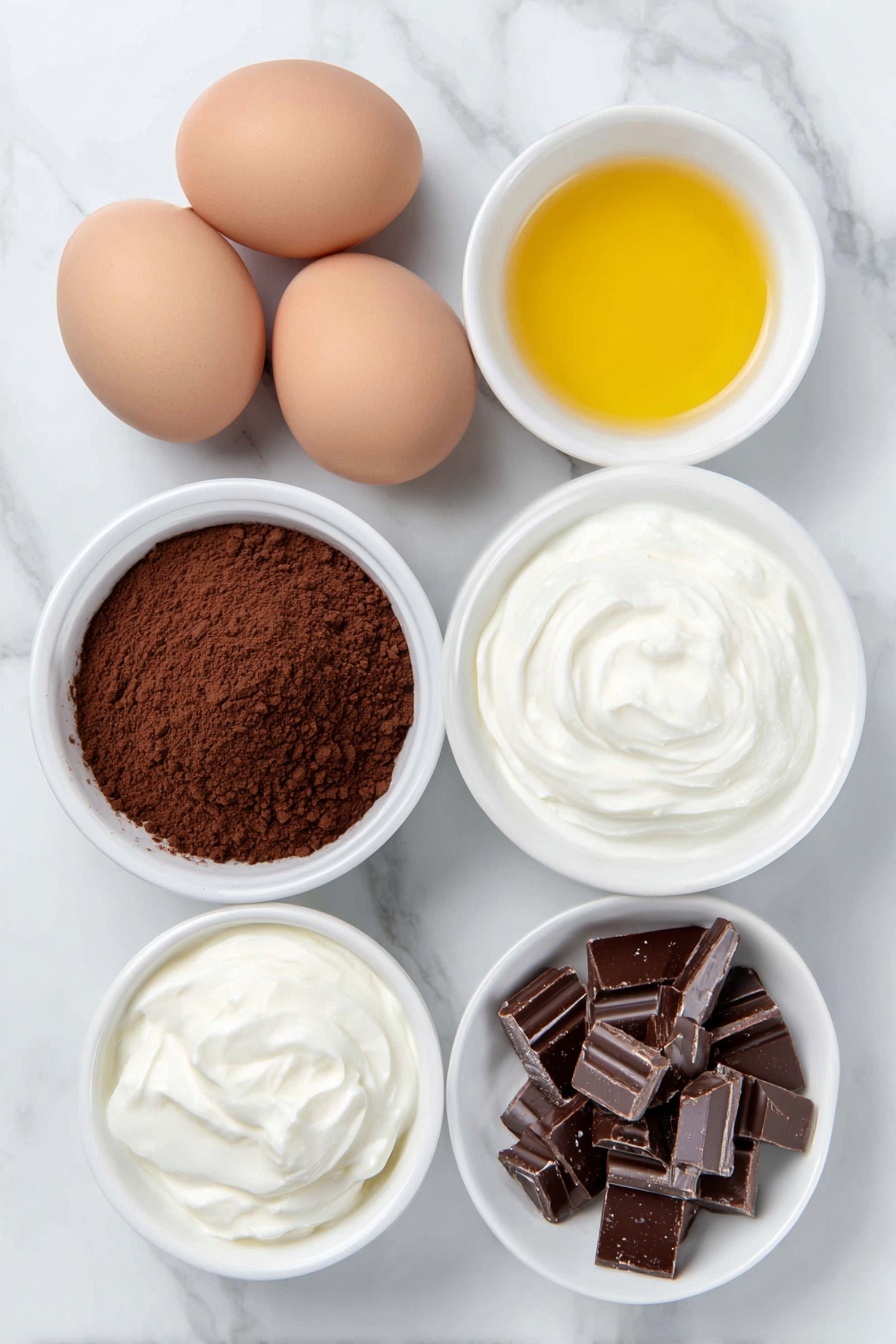 Flat lay of a small mound of rich dark cocoa powder, three whole brown eggs with clean shells, a small bowl of golden vegetable oil, a simple white ceramic bowl filled with thick glossy hot fudge sauce, another white bowl holding smooth sweetened condensed milk, a tiny white bowl with clear mint extract, a dollop of fluffy white cool whip in a white bowl, a few drops of vibrant green liquid color in a white dish, and a small pile of shiny chopped Andes mint chocolates, all arranged in perfect symmetry on a clean white marble surface, soft natural light, photo taken with an iPhone, professional food photography style, fresh ingredients, white ceramic bowls, no bottles, no duplicates, no utensils, no packaging --ar 2:3 --v 7 --p m7354615311229779997 - Mint Chocolate Poke Cake, mint chocolate dessert, easy poke cake, chocolate mint cake, no-bake mint cake