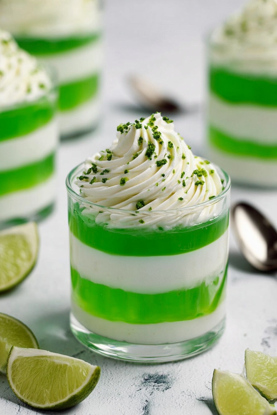 The image shows a clear glass filled with five layers, starting with a thick, bright green jelly layer at the bottom, followed by a smooth white creamy layer, then another bright green jelly layer, another white creamy layer, and topped with a large swirl of white cream decorated with small green zest sprinkles. Around the glass, there are wedges of lime on a white marbled surface, with a metal spoon placed in the background. Other similar layered glasses blurred softly fill the background. photo taken with an iphone --ar 2:3 --v 7 - Green Jello Parfait, Lime Green Jello Dessert, Festive Jello Parfait, Easy Jello Parfait, St. Patrick's Day Dessert