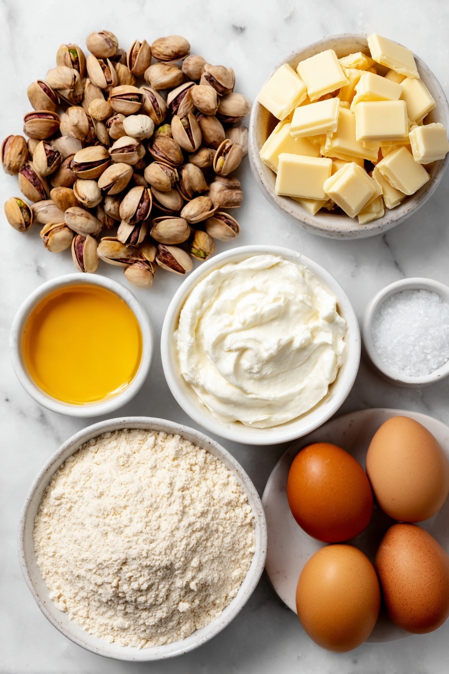 Flat lay of shelled and peeled unsalted pistachios scattered beside a small white ceramic bowl of heavy whipping cream, finely chopped white chocolate pieces arranged neatly next to a small white bowl of granulated sugar, four large whole uncracked eggs with clean shells placed beside a small white bowl of powdered sugar, a small white bowl of superfine blanched almond flour, a small white bowl of pistachio flour, and a tiny sprinkle of fine salt artfully displayed on a simple white ceramic plate, all placed on a clean white marble surface, soft natural light, photo taken with an iPhone, professional food photography style, fresh ingredients, white ceramic bowls, no bottles, no duplicates, no utensils, no packaging --ar 2:3 --v 7 --p m7354615311229779997 - Pistachio Macarons with White Chocolate Filling, pistachio macaron recipe, how to make pistachio macarons, white chocolate pistachio dessert, homemade pistachio macarons