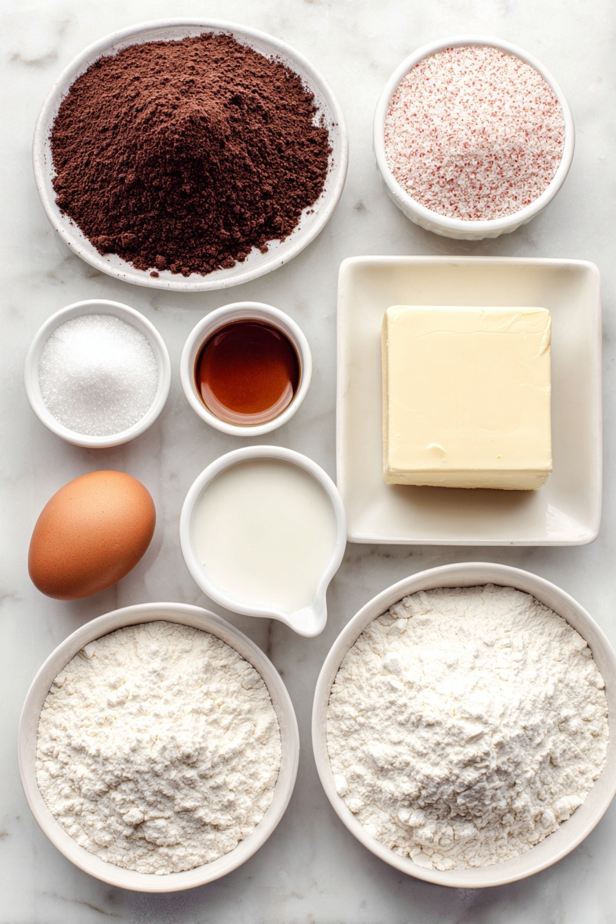 Flat lay of a small pile of all purpose flour on a simple white ceramic plate, a small mound of unsweetened cocoa powder on a white ceramic dish, a teaspoon of baking soda in a small white bowl, a pinch of salt on a white ceramic spoon-shaped dish, a large square of pale yellow butter at room temperature on a white plate, a small heap of packed brown sugar on a white ceramic bowl, granulated sugar scattered neatly on a white plate, one whole clean uncracked brown egg, a small white bowl with vanilla extract, a small white bowl with peppermint extract, a small white ceramic bowl with powdered sugar, small white bowls containing natural green food dye and natural red food dye, a small white bowl with milk, crushed candy canes in a white ceramic dish, chopped Andes mints neatly arranged on a white plate, red and green sprinkles in a small white bowl, all ingredients fresh and natural, perfectly balanced symmetrical flat lay placed on a clean white marble surface, soft natural light, photo taken with an iPhone, professional food photography style, fresh ingredients, white ceramic bowls, no bottles, no duplicates, no utensils, no packaging --ar 2:3 --v 7 --p m7354615311229779997 - Mint Chocolate Cookies with Peppermint Frosting, chocolate mint cookies, holiday mint cookies, peppermint frosting recipe, festive chocolate cookies