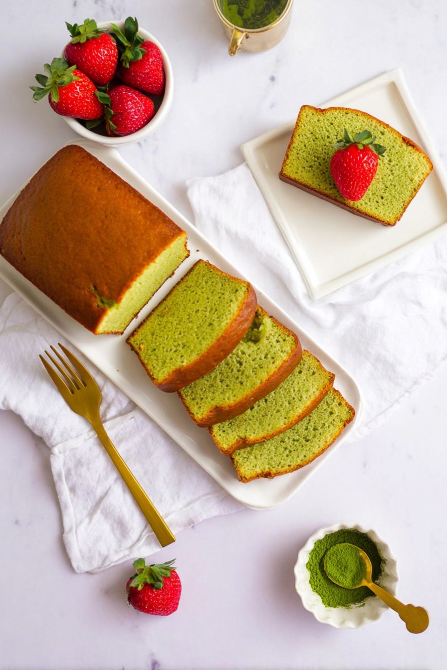 A golden brown loaf with a bright green inside is shown on a white rectangular plate, with three slices cut and spread in a line. One green slice is placed on a white square plate, topped with a fresh red strawberry. Next to the slice is a gold fork on a white cloth. Nearby, a small white bowl holds three red strawberries, while another smaller white bowl shows a spoon with green powder. The scene is set on a white marbled surface with an extra strawberry lying beside the plates. Photo taken with an iphone --ar 2:3 --v 7 - Matcha Pound Cake, green tea pound cake, matcha green tea dessert, Japanese matcha cake, buttery matcha cake