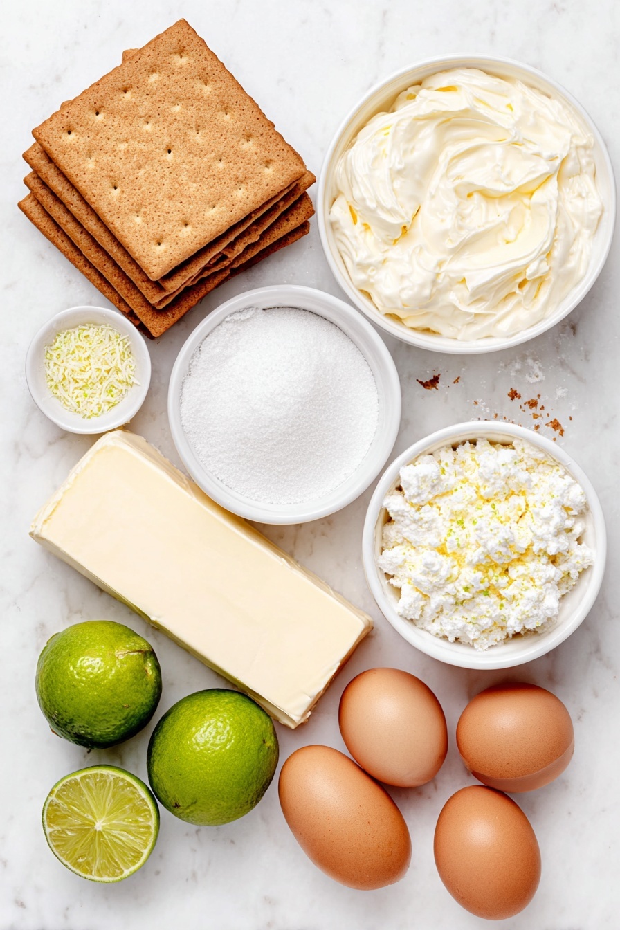 Flat lay of a small stack of whole graham crackers, a few scattered graham cracker crumbs, a small white ceramic bowl with melted unsalted butter, a small white ceramic bowl filled with granulated sugar, a square block of cream cheese at room temperature with a smooth surface, four whole brown eggs with clean shells, a small white ceramic bowl with thick sweetened condensed milk, a small white ceramic bowl holding fresh pale green key lime juice, a few whole fresh key limes with bright green skin and one lime sliced to show the juicy interior, and a small white ceramic bowl containing finely grated lime zest, all arranged in perfect symmetry and realistic proportions, placed on a clean white marble surface, soft natural light, photo taken with an iPhone, professional food photography style, fresh ingredients, white ceramic bowls, no bottles, no duplicates, no utensils, no packaging --ar 2:3 --v 7 --p m7354615311229779997 - Key Lime Pie Bars, easy key lime dessert, no-bake lime bars, refreshing citrus treat, summer dessert recipes