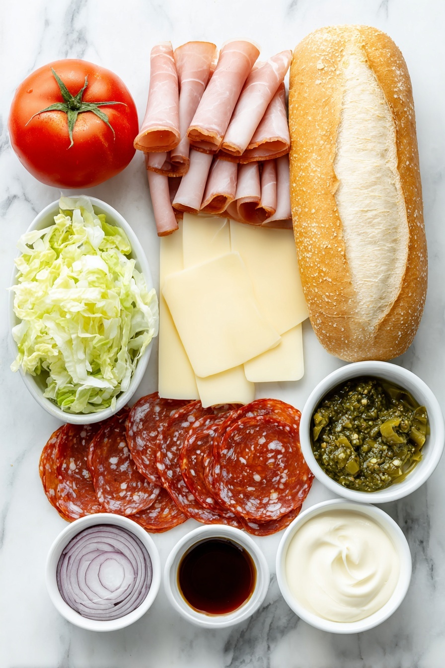 Flat lay of a sliced Roma tomato with bright red flesh and seeds, thinly sliced half of a small red onion showing translucent purple rings, several slices of Black Forest ham with marbled pink and white texture, thin slices of pale yellow provolone cheese, a few slices of reddish Genoa salami with white fat specks, thin slices of deep red hot soppressata pepperoni, a small pile of shredded fresh romaine lettuce with crisp green leaves, a few slices of glossy roasted red peppers, a handful of sliced green peperoncini peppers, a small white ceramic bowl filled with creamy pale mayonnaise, another small white bowl with vibrant green homemade pesto, a third small white bowl containing deep red wine vinegar, a scattering of coarse kosher salt crystals and freshly ground black peppercorns next to a halved toasted 10-inch ciabatta roll showing its airy crumb, all arranged in perfect symmetry with balanced proportions on a clean white marble surface, soft natural light, photo taken with an iPhone, professional food photography style, fresh ingredients, white ceramic bowls, no bottles, no duplicates, no utensils, no packaging --ar 2:3 --v 7 --p m7354615311229779997 - Italian Chopped Sandwich with Pesto, Italian sandwich recipe, pesto sandwich, deli meat sandwich, easy lunch sandwich