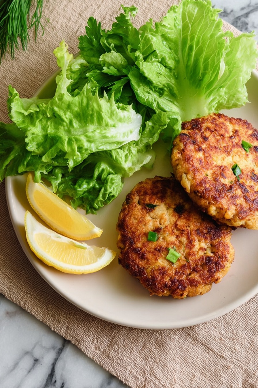 Two round, golden brown patties with a slightly crispy texture and small bits of green herbs on top sit on the right side of a white plate. On the left side, there is a fresh pile of green leafy lettuce with crisp edges. At the bottom left of the plate, two lemon wedges with a bright yellow color are placed. The plate rests on a beige cloth napkin over a white marbled background. Photo taken with an iphone --ar 2:3 --v 7 - Air Fryer Salmon Patties, healthy salmon patties, quick salmon recipes, crispy salmon cakes, gluten-free salmon patties