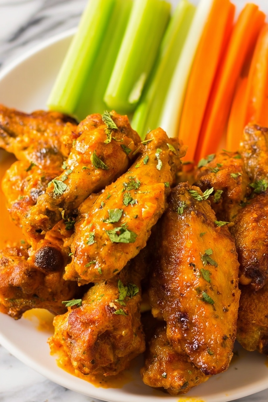 A white plate filled with golden-brown chicken wings coated in a rich, orange sauce with visible herbs sprinkled on top. Behind the wings, there are fresh, crisp sticks of bright green celery and vibrant orange carrots standing upright, adding a fresh contrast to the warm chicken. The plate sits on a white marbled surface, and the textures show a mix of crispy and saucy layers on the wings. photo taken with an iphone --ar 2:3 --v 7 - Buffalo Ranch Crockpot Chicken Wings, easy chicken wing recipe, slow cooker chicken wings, baked crispy chicken wings, game day chicken wings