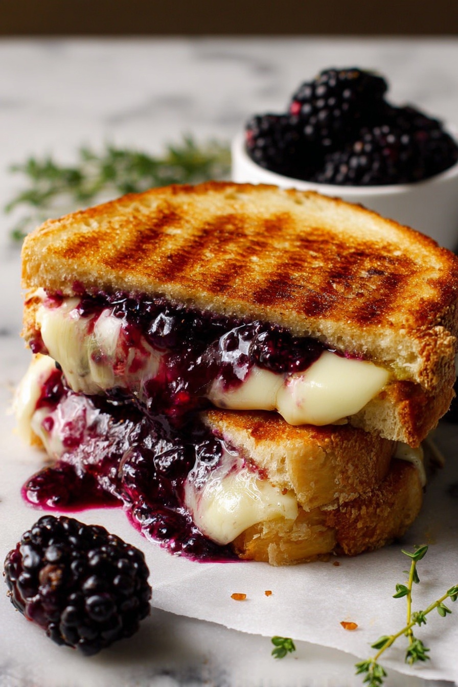 A close-up of a grilled sandwich made of two thick slices of golden brown toasted bread with a crispy texture and visible grill marks on top. Between the bread layers, there is a melting white cheese that oozes out, mixing with a deep purple-black blackberry jam that is dripping slightly onto the white marbled surface below. In the background, there is a small white bowl filled with fresh blackberries and a few green herb sprigs, all set on a white marbled texture surface. photo taken with an iphone --ar 2:3 --v 7 - Blackberry Balsamic Brie Grilled Cheese, blackberry grilled cheese, balsamic brie sandwich, gourmet grilled cheese, fruit and cheese sandwich