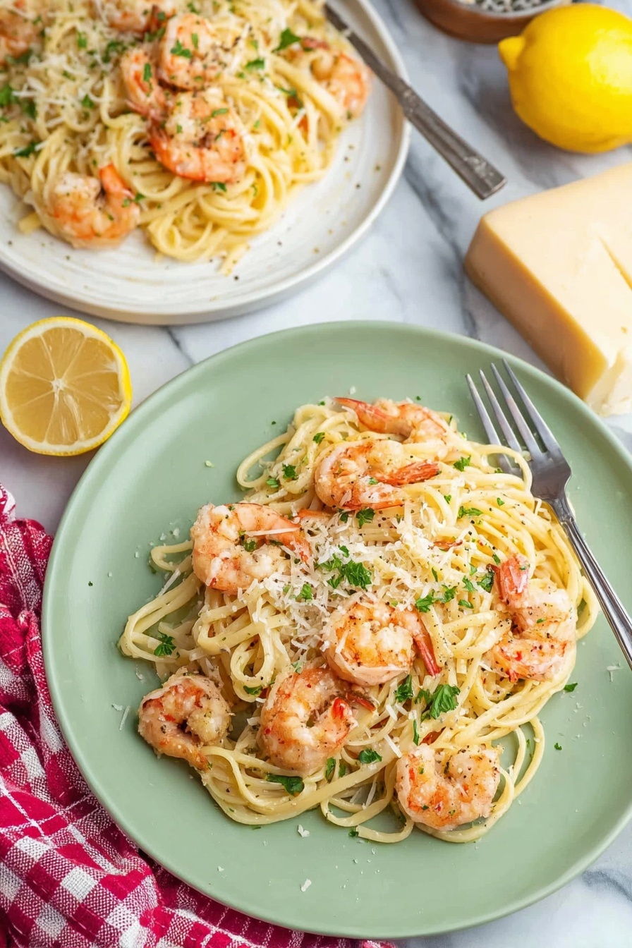 The image shows two plates of shrimp pasta on a white marbled surface. The plate in the foreground is a pale green with a slightly textured surface, filled with spaghetti pasta mixed with several pink-orange shrimp evenly spread on top. The pasta is coated lightly with a creamy sauce, sprinkled with small bits of chopped green parsley, shredded white cheese, and black pepper flakes. To the upper left corner, a white plate holds a similar serving of shrimp pasta. Nearby, there are two lemon halves placed to the left on the marble, and a large wedge of yellowish cheese is placed to the upper right. A silver fork rests on the right side of the green plate, and a red and white checkered cloth is draped along the left side. Photo taken with an iphone --ar 2:3 --v 7 - Oven Baked Shrimp Scampi, easy shrimp scampi, baked shrimp pasta, garlic butter shrimp, quick seafood dinner