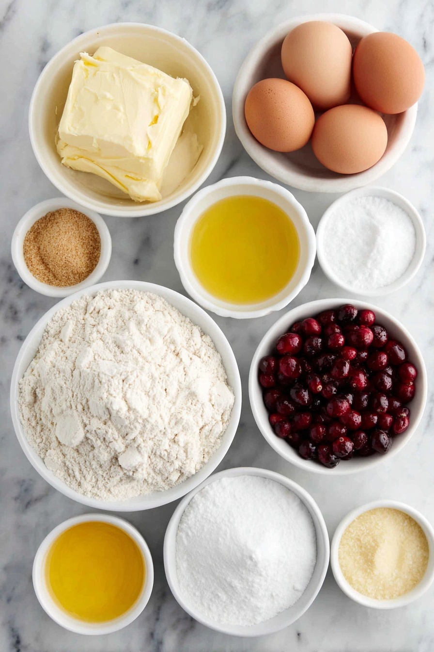 Flat lay of fresh whole large egg with clean shell, a small white ceramic bowl of milk, another small white bowl with light golden canola oil, a small mound of granulated sugar, a small pile of packed light brown sugar, a fresh large orange showing bright orange zest and a small white bowl of freshly squeezed orange juice, a small white bowl of lemon juice, a small white bowl of vanilla extract, a medium heap of all-purpose flour, a small pile of baking soda powder, a small pile of baking powder powder, a small pinch of salt crystals, a generous cluster of fresh red cranberries, a small white bowl of sifted confectioners sugar, a small white bowl with a mix of orange juice and water, all ingredients arranged in perfect symmetry on a simple white ceramic plate and bowls, placed on a clean white marble surface, soft natural light, photo taken with an iPhone, professional food photography style, fresh ingredients, white ceramic bowls, no bottles, no duplicates, no utensils, no packaging --ar 2:3 --v 7 --p m7354615311229779997 - Cranberry Orange Bundt Cake, festive holiday cake, citrus cranberry dessert, easy bundt cake recipe, holiday dessert ideas