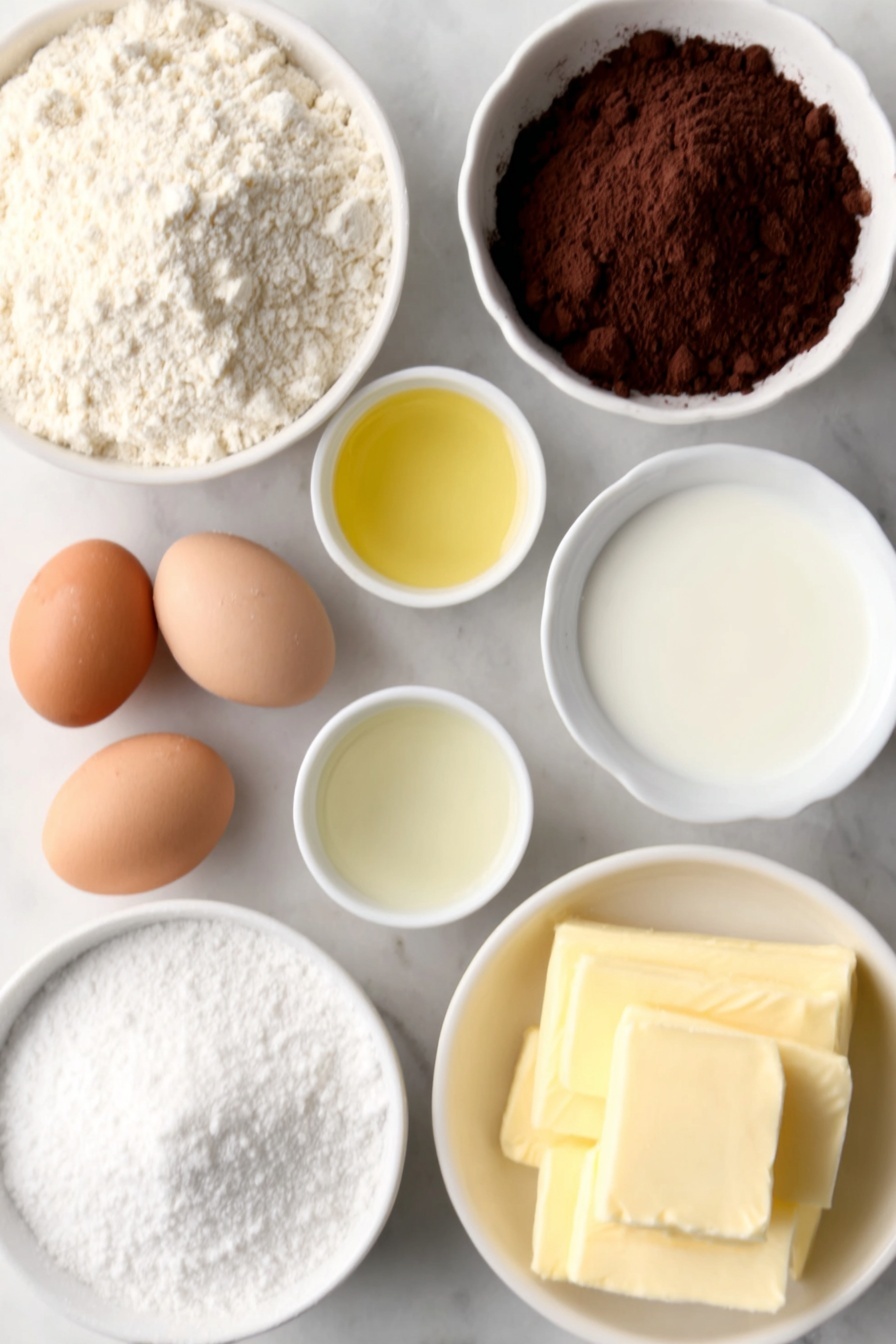 Flat lay of a small mound of all-purpose flour, a heap of granulated sugar, a small pile of unsweetened cocoa powder, a small white bowl of baking powder, a small white bowl of baking soda, a pinch of kosher salt on white ceramic, a small white bowl of whole milk, two brown eggs with clean shells, a small white bowl of vegetable oil, a small white bowl of vanilla extract, a small white bowl of boiling water, a few sticks of unsalted butter at room temperature, a small white bowl of powdered sugar, all arranged symmetrically on a simple white ceramic surface, placed on a clean white marble surface, soft natural light, photo taken with an iPhone, professional food photography style, fresh ingredients, white ceramic bowls, no bottles, no duplicates, no utensils, no packaging --ar 2:3 --v 7 --p m7354615311229779997 - Decadent Chocolate Cake, Chocolate Cake Recipe, Moist Chocolate Cake, Rich Chocolate Cake, Easy Chocolate Cake