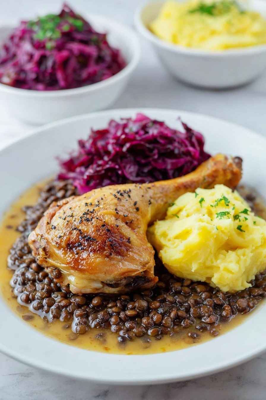 On a white plate with a white marbled surface background, there is a meal with three main parts. The bottom layer is a bed of dark brown lentils with some light brown sauce around them. On top and to one side of the lentils is a lightly browned chicken leg, showing a crisp skin with some black pepper spots. Next to the chicken and lentils, there is a pale yellow mound of mashed potatoes, soft in texture. Adjacent to the potatoes is a portion of shredded red cabbage, deep purple in color and slightly shiny. In the background, the edge of two white bowls with more mashed potatoes and red cabbage are visible. Photo taken with an iphone --ar 2:3 --v 7 - Braised Red Cabbage, Red Cabbage Side Dish, How to Make Braised Red Cabbage, Red Cabbage Recipes, Easy Braised Red Cabbage