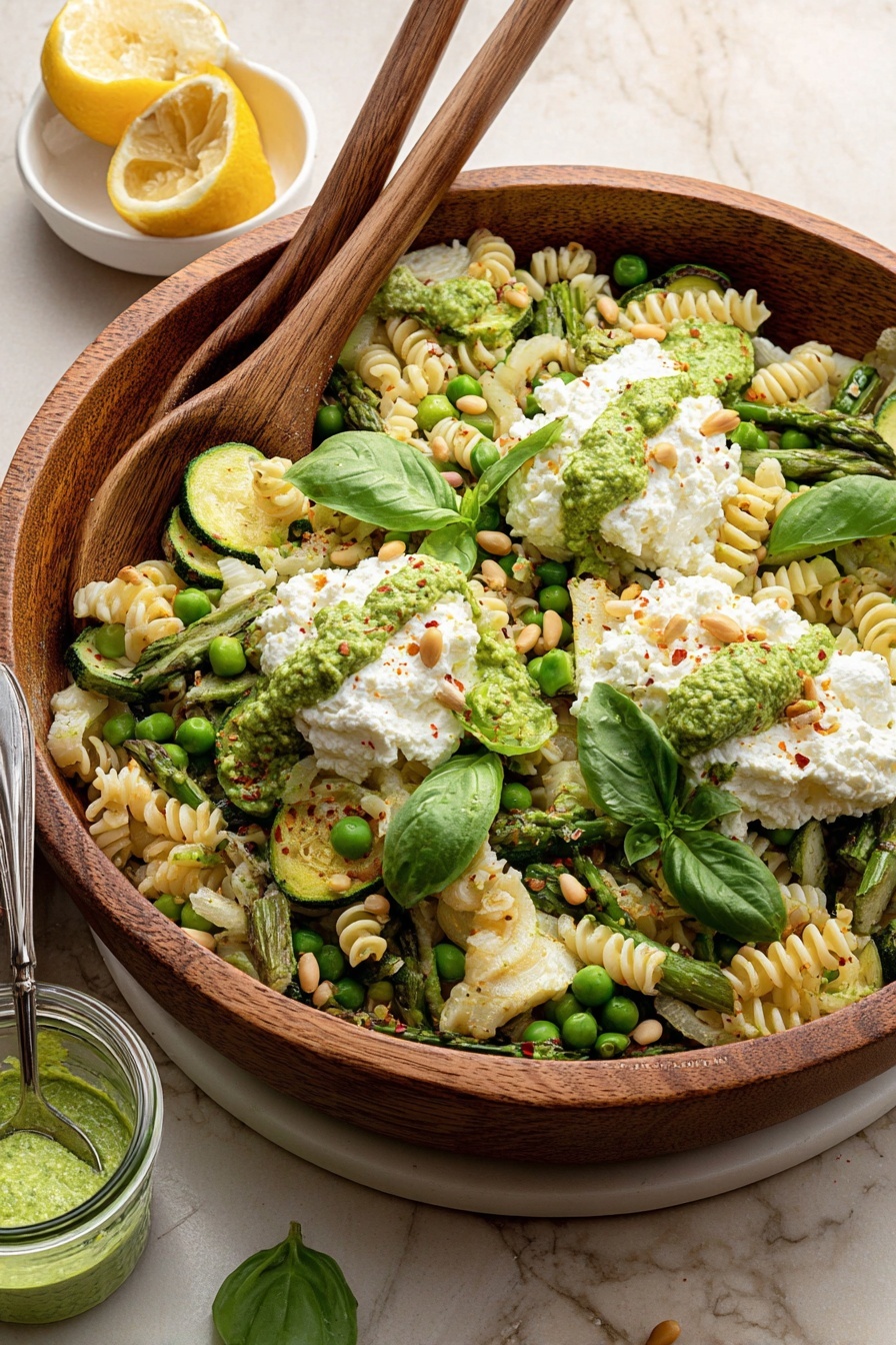 A large wooden bowl filled with three big scoops of white cottage cheese topped with fresh green basil leaves and small pine nuts, sitting on a bed of pale green rotini pasta mixed with bright green peas, zucchini slices, and asparagus pieces, all coated lightly with a green creamy sauce that is also dolloped on top, sprinkled with black pepper and red chili flakes. On the side, a small white bowl holds half a lemon, and a jar of green sauce with a silver spoon is nearby, all set on a white marbled surface. Two long wooden salad servers rest inside the bowl. Photo taken with an iphone --ar 2:3 --v 7 - Green Goddess Pasta Salad, herb pasta salad, healthy summer pasta, avocado pasta salad, quick veggie pasta