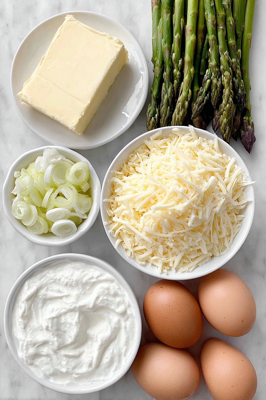 Flat lay of a small pat of unsalted butter on a simple white ceramic dish, a handful of bright green asparagus stalks trimmed and cut into half-inch pieces arranged neatly, a small mound of thinly sliced pale green and white leek rings, three large whole brown eggs with clean shells, a small white bowl filled with creamy Greek yogurt, another small white bowl holding fresh milk, a modest pile of shredded pale yellow Gruyère cheese, all placed on a clean white marble surface, soft natural light, photo taken with an iPhone, professional food photography style, fresh ingredients, white ceramic bowls, no bottles, no duplicates, no utensils, no packaging --ar 2:3 --v 7 --p m7354615311229779997 - Asparagus and Leek Quiche with Gruyère, asparagus leek quiche, savory vegetable quiche, brunch recipe with asparagus, cheesy leek tart