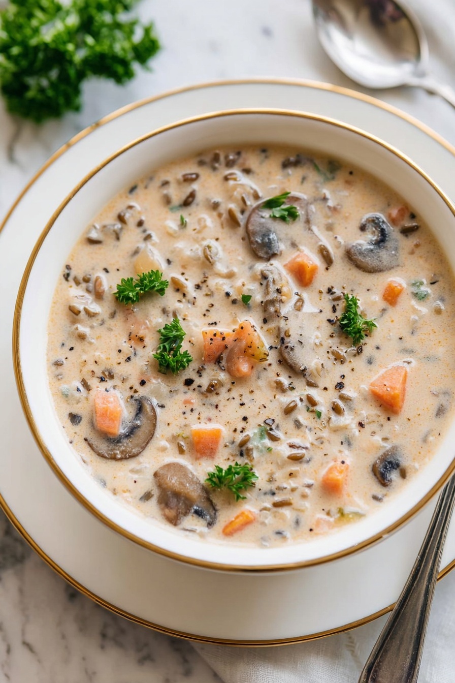 The image shows a white bowl with a thin gold rim filled with creamy soup. The soup contains small pieces of orange carrot, sliced brown mushrooms, and grains that look like barley, all suspended in a light beige, creamy liquid. Small green parsley leaves are scattered on top, and a few black pepper specks add texture across the surface. The bowl sits on a white plate with a matching thin gold rim, placed on a white marbled textured surface, with a silver spoon resting beside it. photo taken with an iphone --ar 2:3 --v 7 - Creamy Mushroom Barley Soup, Mushroom barley soup, hearty mushroom soup, quick mushroom soup recipe, comforting mushroom soup