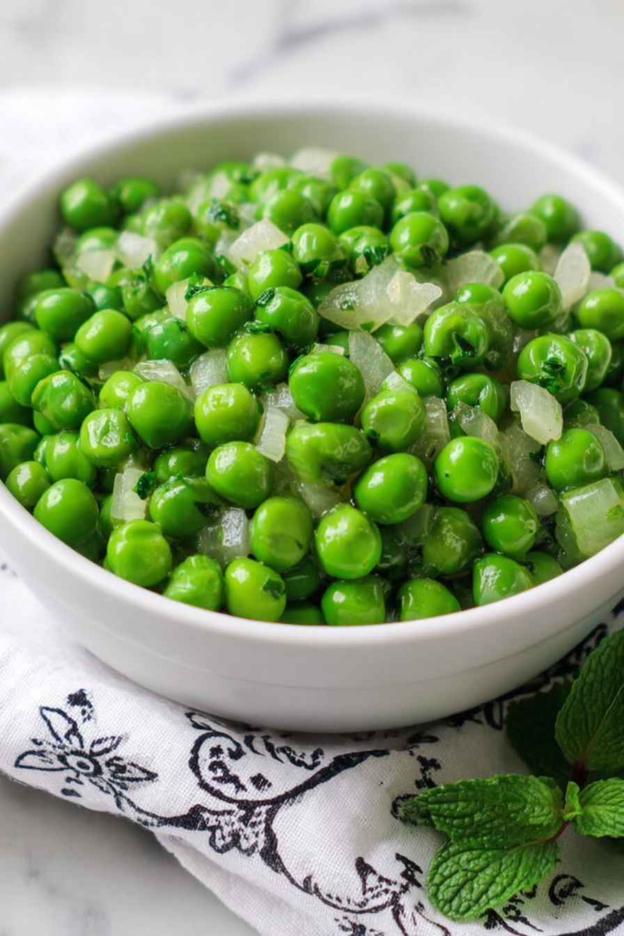 A white bowl filled with bright green peas mixed with small pieces of cooked translucent onions and bits of green herbs, creating a fresh and vibrant look. The peas are piled high with a shiny, moist texture. The bowl sits on a white cloth with black floral patterns and is placed on a white marbled surface, with fresh green mint leaves next to the bowl. The lighting highlights the vivid green color of the peas and the soft details of the onions and herbs. Photo taken with an iphone --ar 2:3 --v 7 - Minted Peas, Minted Peas Side Dish, Fresh Peas with Mint, Easy Pea Recipes, Quick Vegetable Sides
