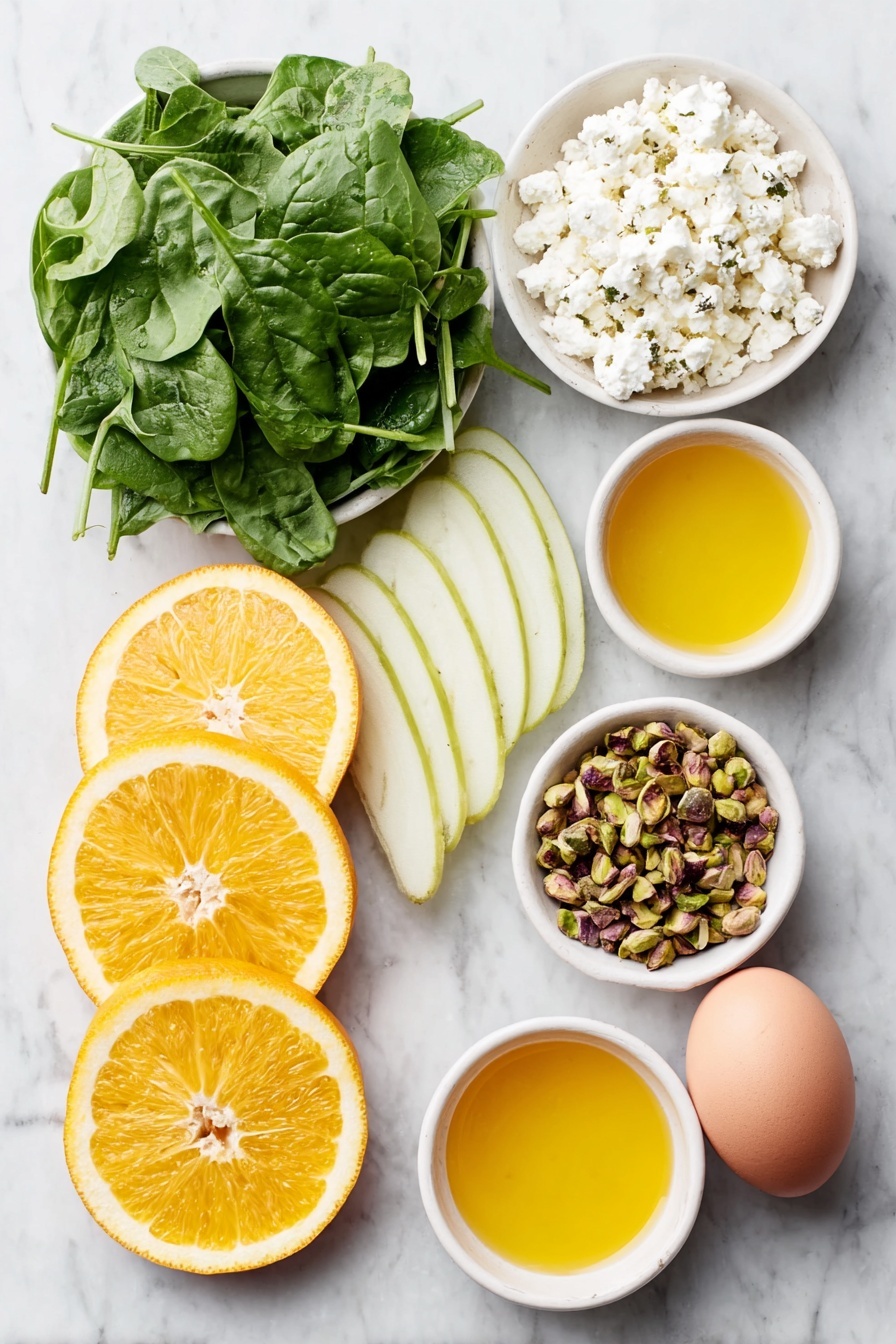 Flat lay of two bright orange slices arranged beside thinly sliced pale green pear fanned out neatly, a small mound of crumbled white feta cheese, a handful of roasted chopped pistachios scattered loosely, fresh vibrant green chopped basil leaves, a generous pile of deep green spinach leaves with stems removed, three small white ceramic bowls each containing golden olive oil, vivid orange juice, and clear lime juice, and two whole uncracked brown eggs placed apart on the side, all placed on a clean white marble surface, soft natural light, photo taken with an iPhone, professional food photography style, fresh ingredients, white ceramic bowls, no bottles, no duplicates, no utensils, no packaging --ar 2:3 --v 7 --p m7354615311229779997 - Irish Flag Salad with Oranges and Pears, vibrant fruit salad recipe, healthy layered fruit salad, quick colorful salads, festive Irish-inspired salads