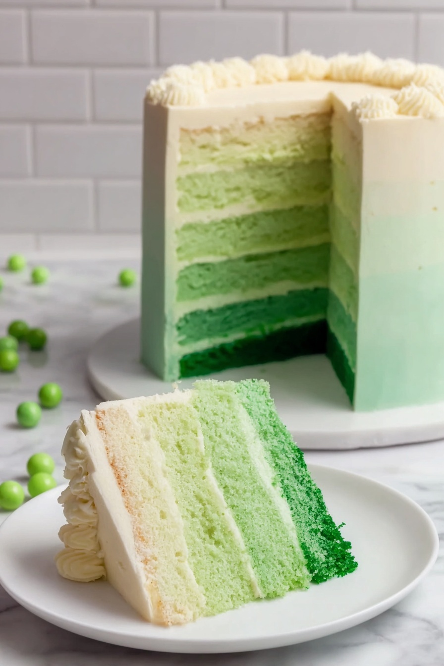 The image shows a slice of layered cake on a white plate with a white marbled surface beneath. The cake slice has six visible layers, starting from a dark green bottom layer, followed by gradually lighter shades of green in the next three layers, then a pale greenish layer, and finally a light cream-colored top layer. Each cake layer is separated by thin layers of white frosting, and there is a smooth white frosting on the outside of the slice. In the background, the rest of the cake is visible, showing the same green to cream gradient in several layers. A few small green round candies are scattered on the white marbled surface. Photo taken with an iphone --ar 2:3 --v 7 - St. Patrick’s Day Ombre Cake, St. Patrick’s Day green layered cake, Ombre cake recipe for St. Patrick’s Day, festive green cake tutorial, St. Patrick’s Day dessert idea