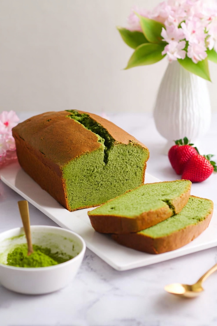 A loaf of green bread is shown on a rectangular white plate with one slice cut and placed flat in front of the loaf. The bread has a brown crust with a crack down the middle, revealing the vibrant green soft inside texture. To the left, there is a small white bowl with green powder and a golden spoon inside. Behind the bowl, a white vase holds light pink flowers with green leaves. On the right edge of the image, a whole red strawberry with green leaves is slightly visible. The scene is set on a white marbled surface with soft lighting. photo taken with an iphone --ar 2:3 --v 7 - Matcha Pound Cake, green tea pound cake, matcha green tea dessert, Japanese matcha cake, buttery matcha cake